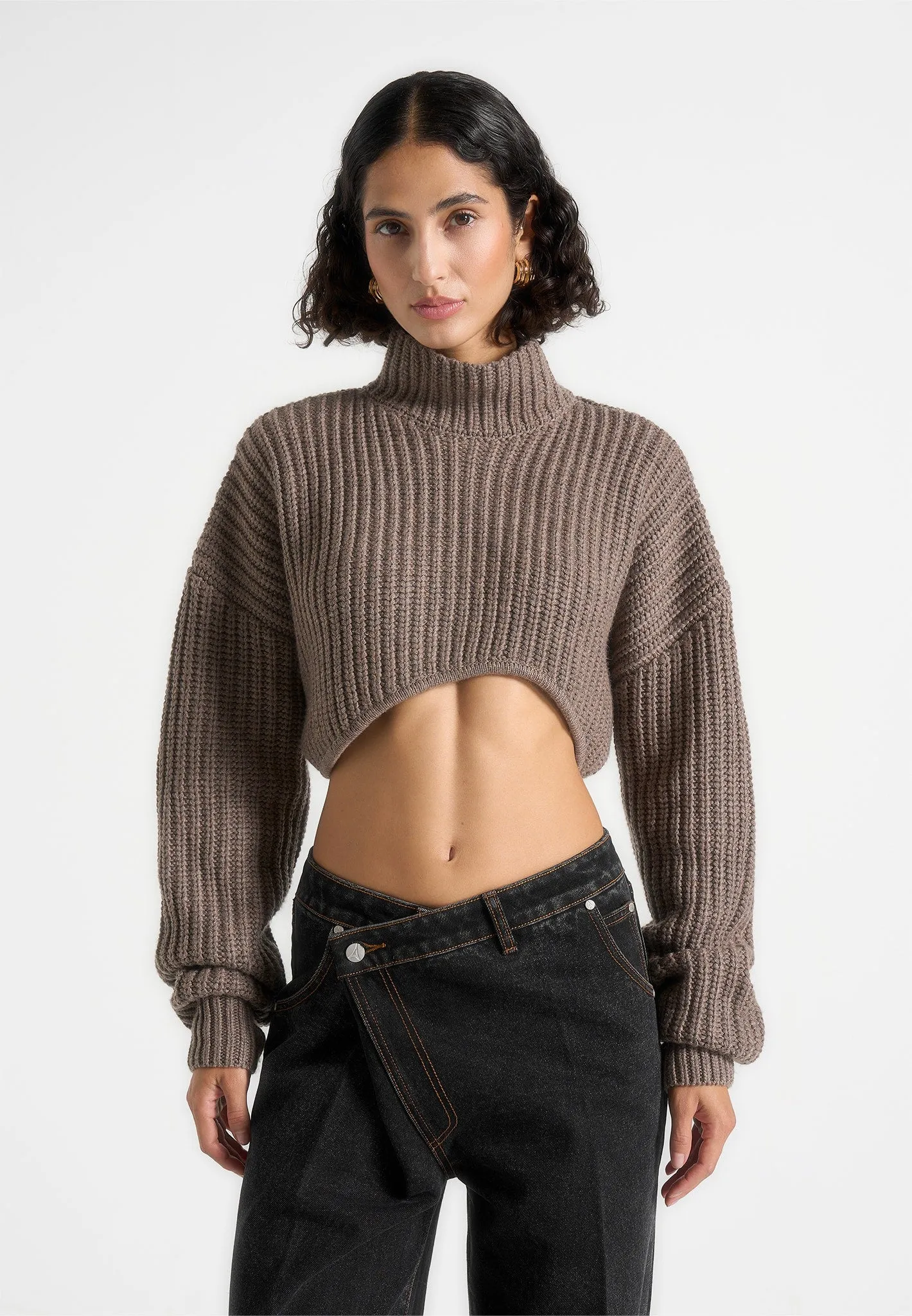 Olia - Curved Hem Knitted Jumper - Taupe sold by Maniere De Voir