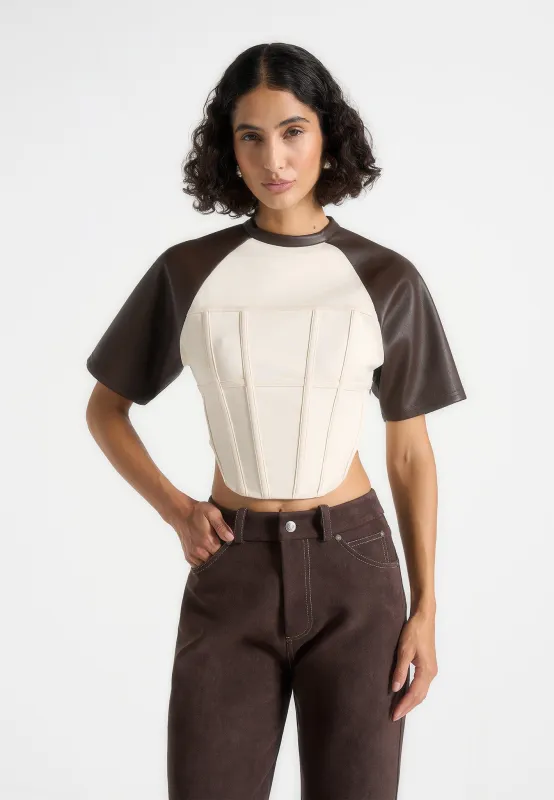 Juline - Leather Corset T-Shirt - Cream/Brown sold by Maniere De Voir
