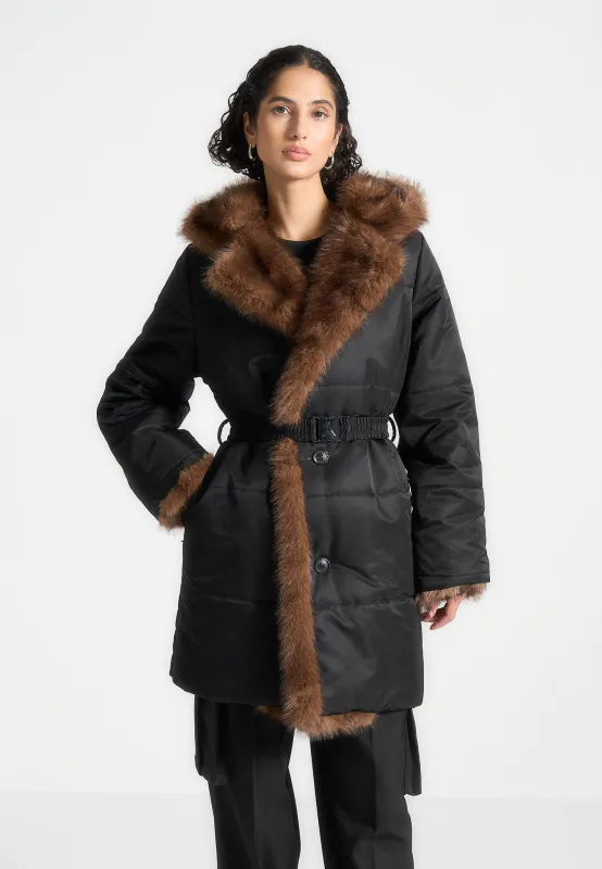 Alima - Fur Longline Belted Coat - Black sold by Maniere De Voir
