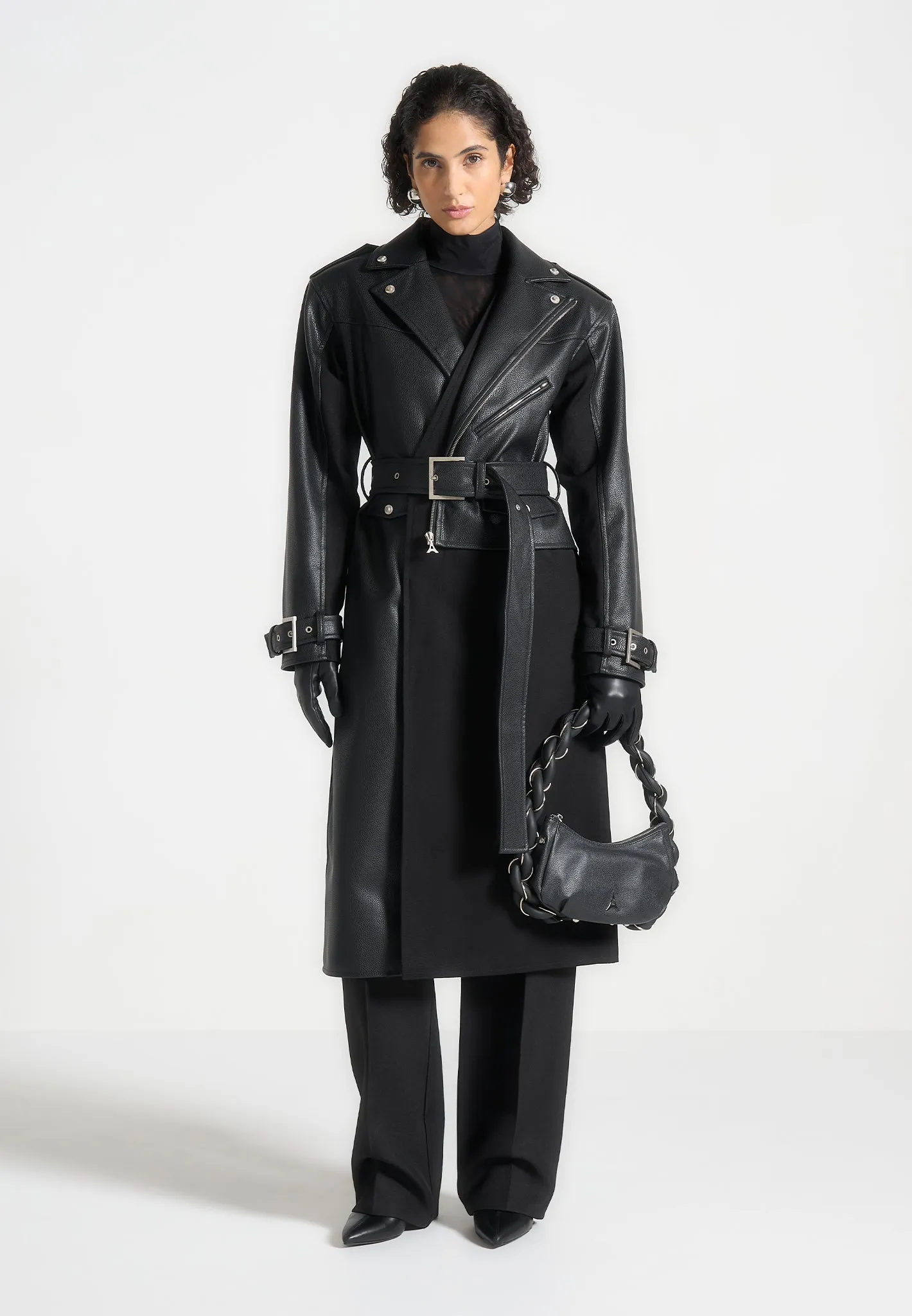 Ayleen - Leather Biker Trench Coat - Black sold by Maniere De Voir