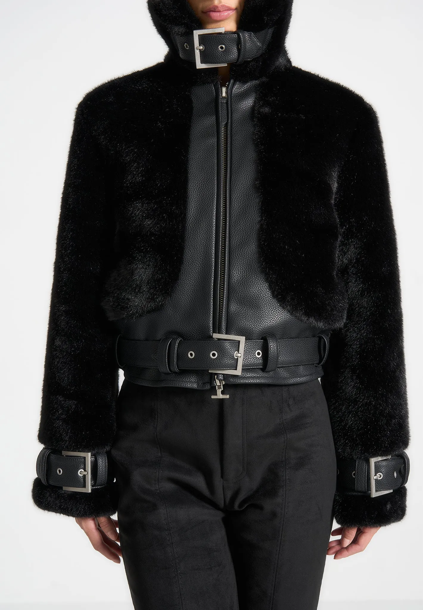 Deya - Plush & Leather Leather Belted Jacket - Black sold by Maniere De Voir product image thumbnail 2