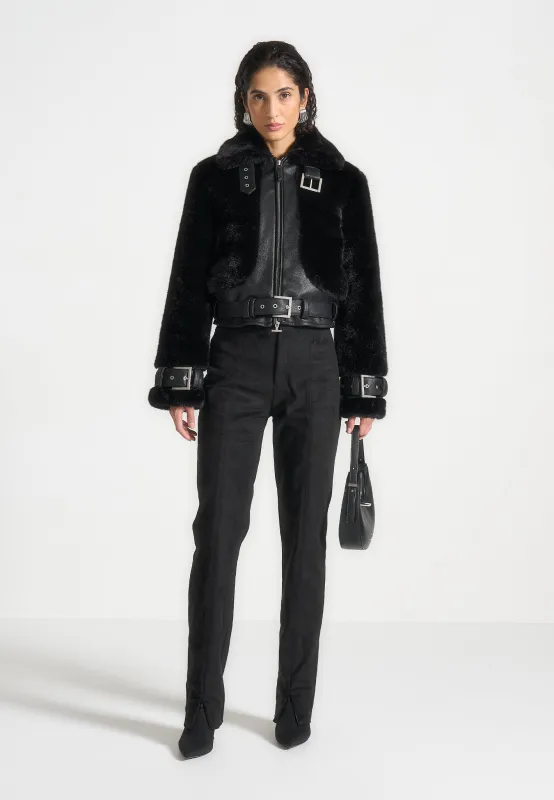 Deya - Plush & Leather Leather Belted Jacket - Black sold by Maniere De Voir