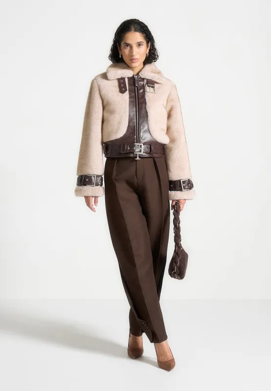 Deya - Plush & Leather Leather Belted Jacket - Beige/Brown sold by Maniere De Voir