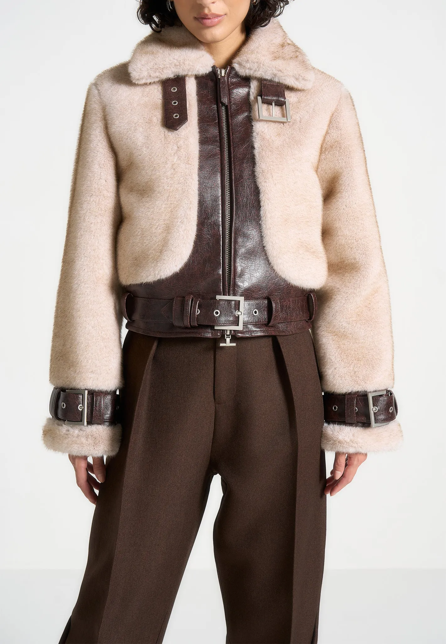 Deya - Plush & Leather Leather Belted Jacket - Beige/Brown sold by Maniere De Voir product image thumbnail 5