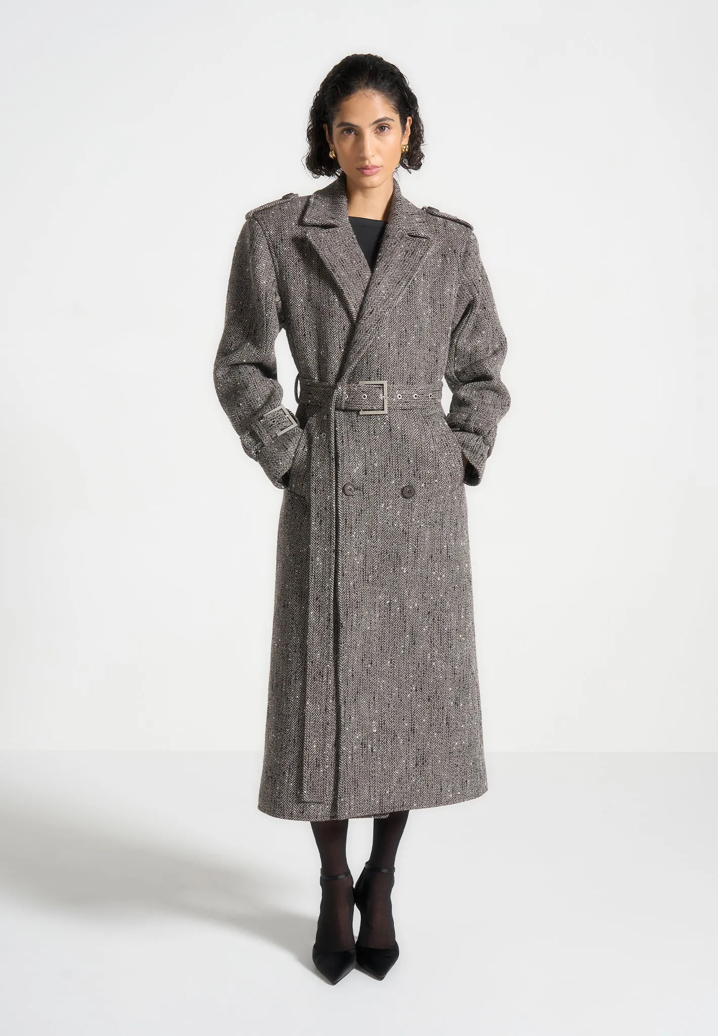 Soraya - Herringbone Wool Trench Coat with Scarf - Brown sold by Maniere De Voir product image thumbnail 2