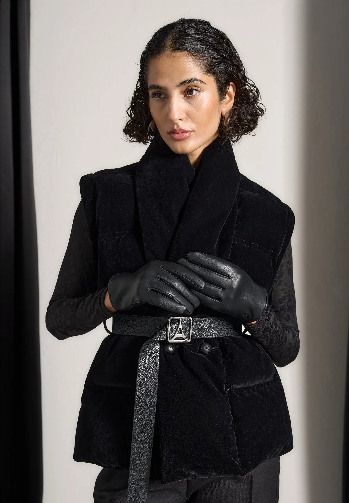 Taya - Velvet Wrap Belted Puffer Jacket - Black sold by Maniere De Voir product image thumbnail 3