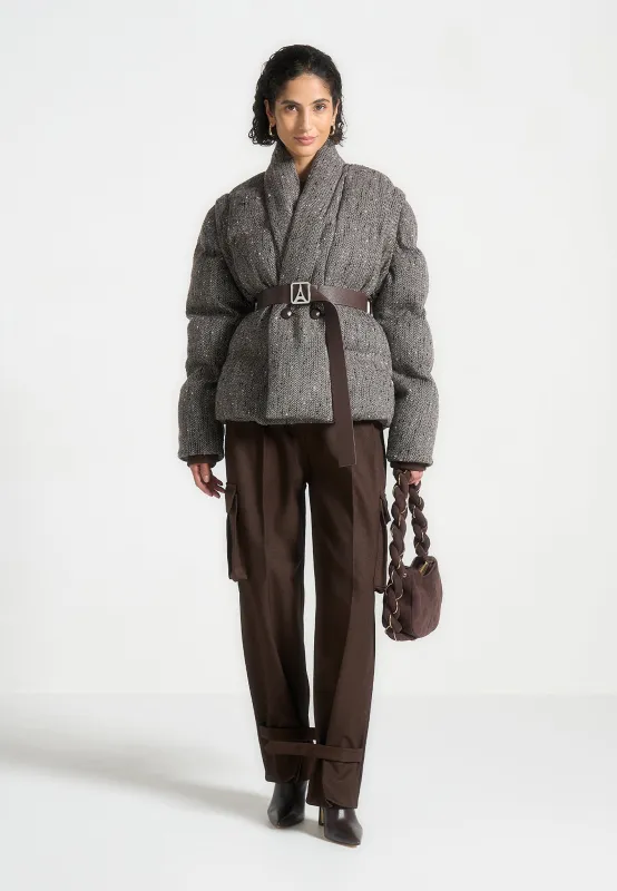 Inez - Herringbone Wool Wrap Belted Puffer Jacket - Brown sold by Maniere De Voir