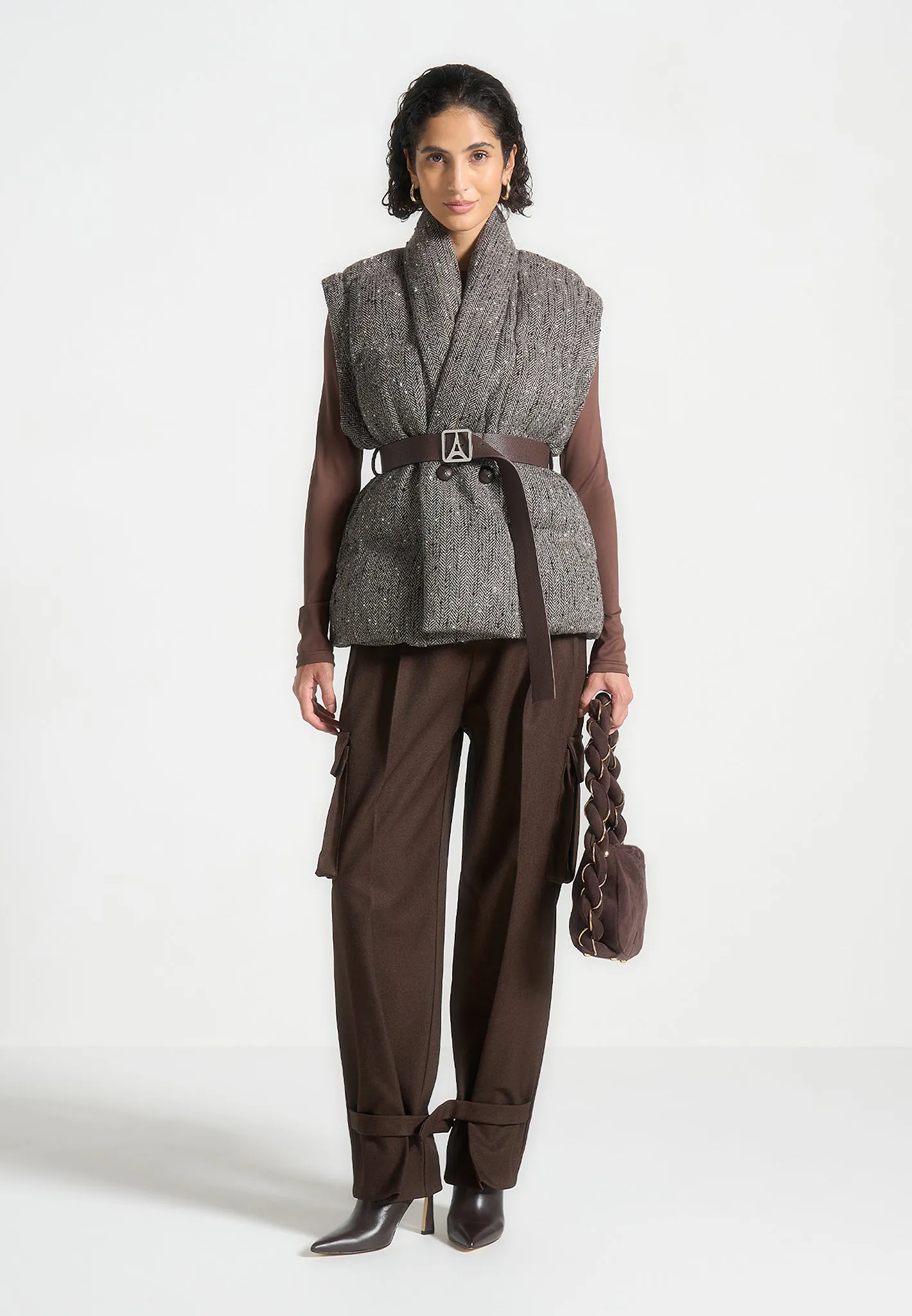 Inez - Herringbone Wool Wrap Belted Puffer Jacket - Brown sold by Maniere De Voir product image thumbnail 2