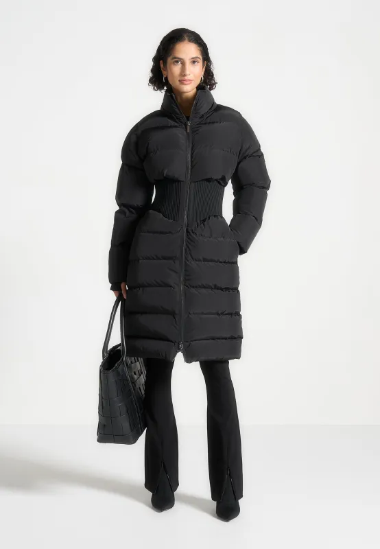 Mira - Corset Detail Longline Puffer Coat - Black sold by Maniere De Voir