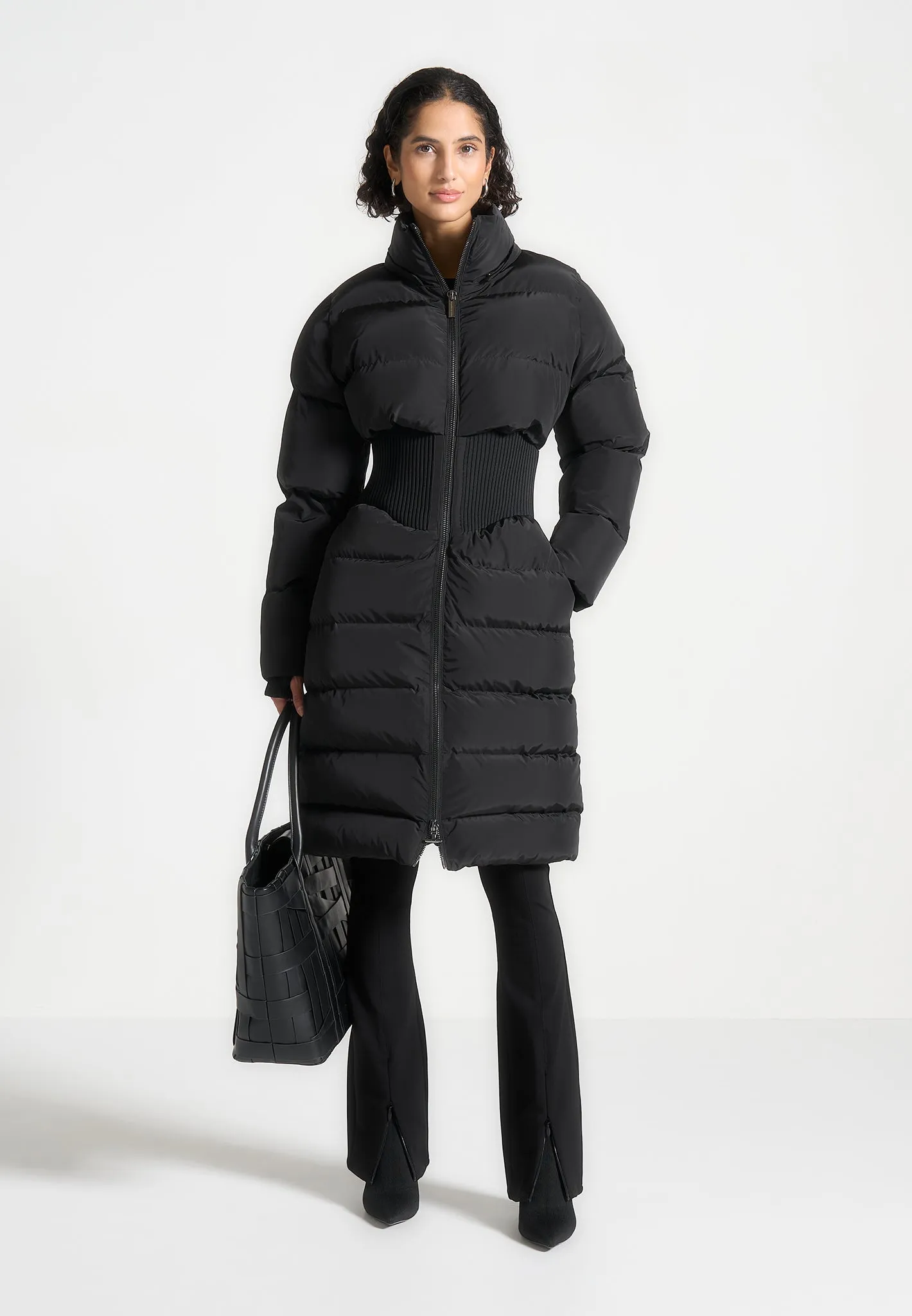Mira - Corset Detail Longline Puffer Coat - Black sold by Maniere De Voir