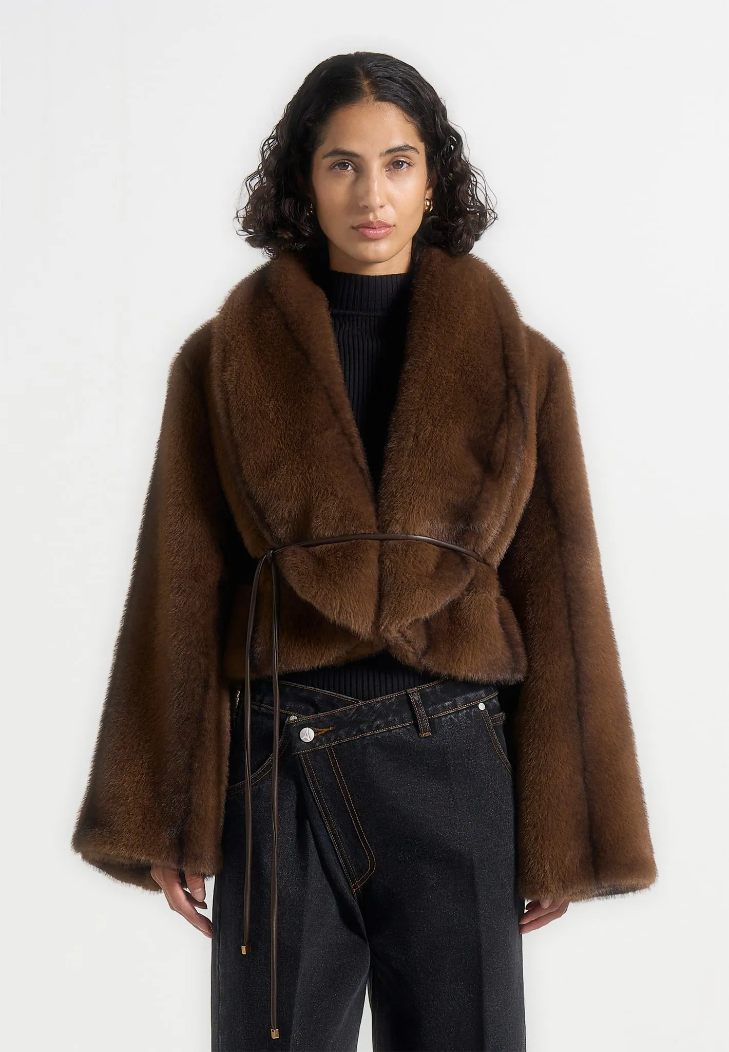 Nola - Fur Shawl Jacket with Leather Belt - Brown sold by Maniere De Voir product image thumbnail 3