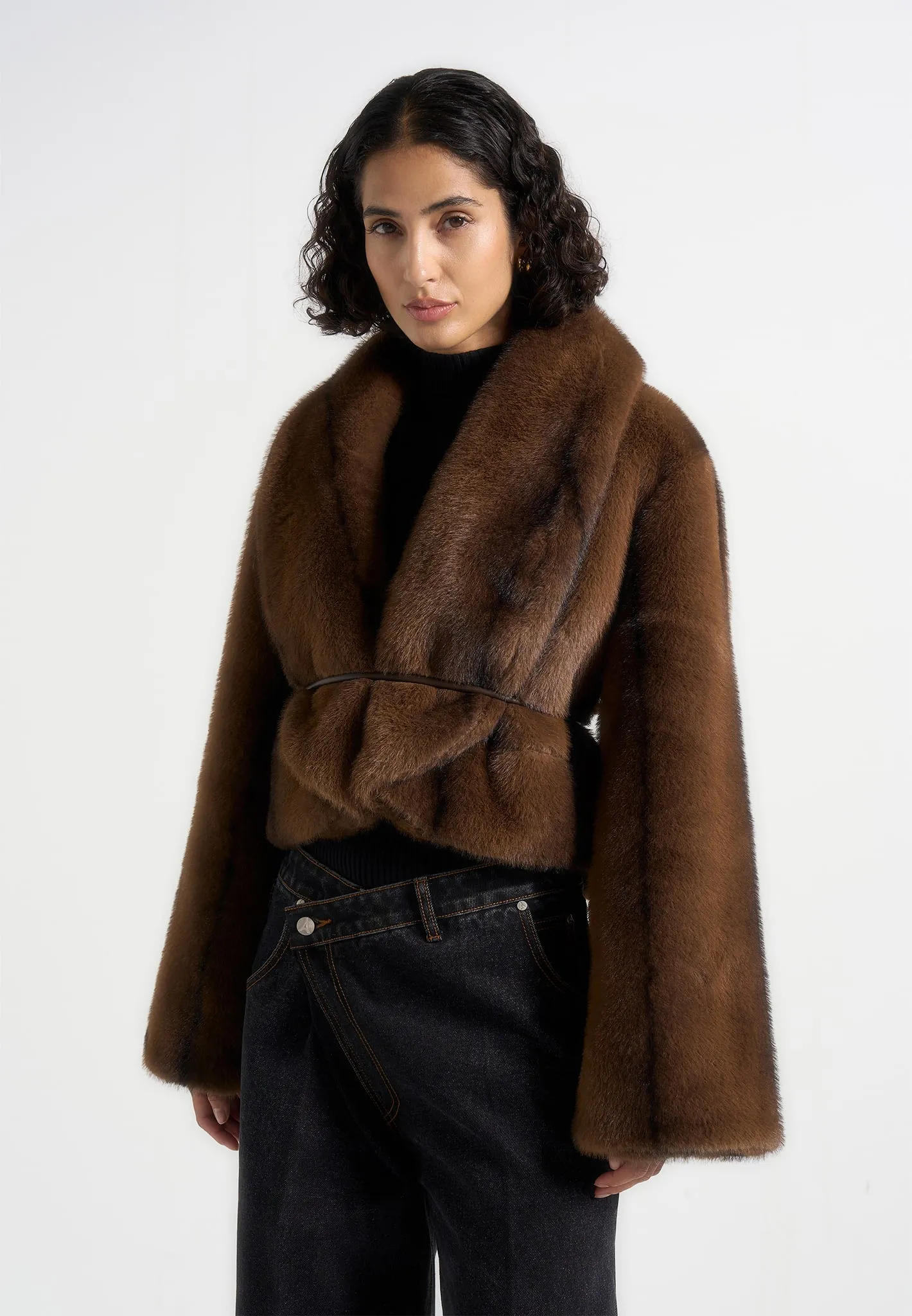 Nola - Fur Shawl Jacket with Leather Belt - Brown sold by Maniere De Voir