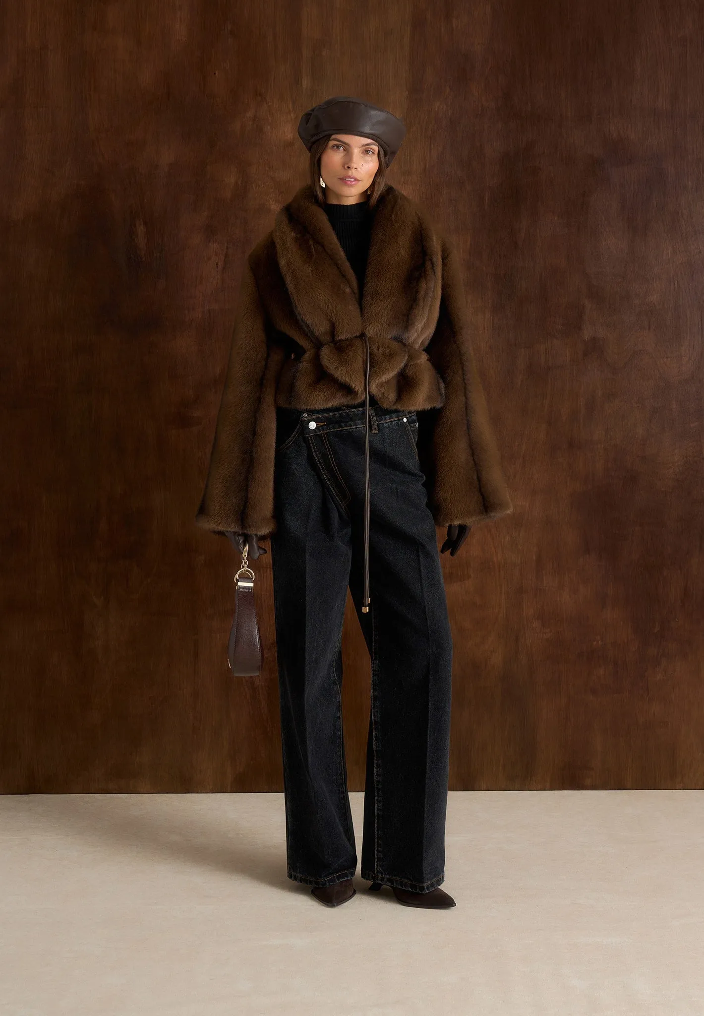 Nola - Fur Shawl Jacket with Leather Belt - Brown sold by Maniere De Voir product image thumbnail 5