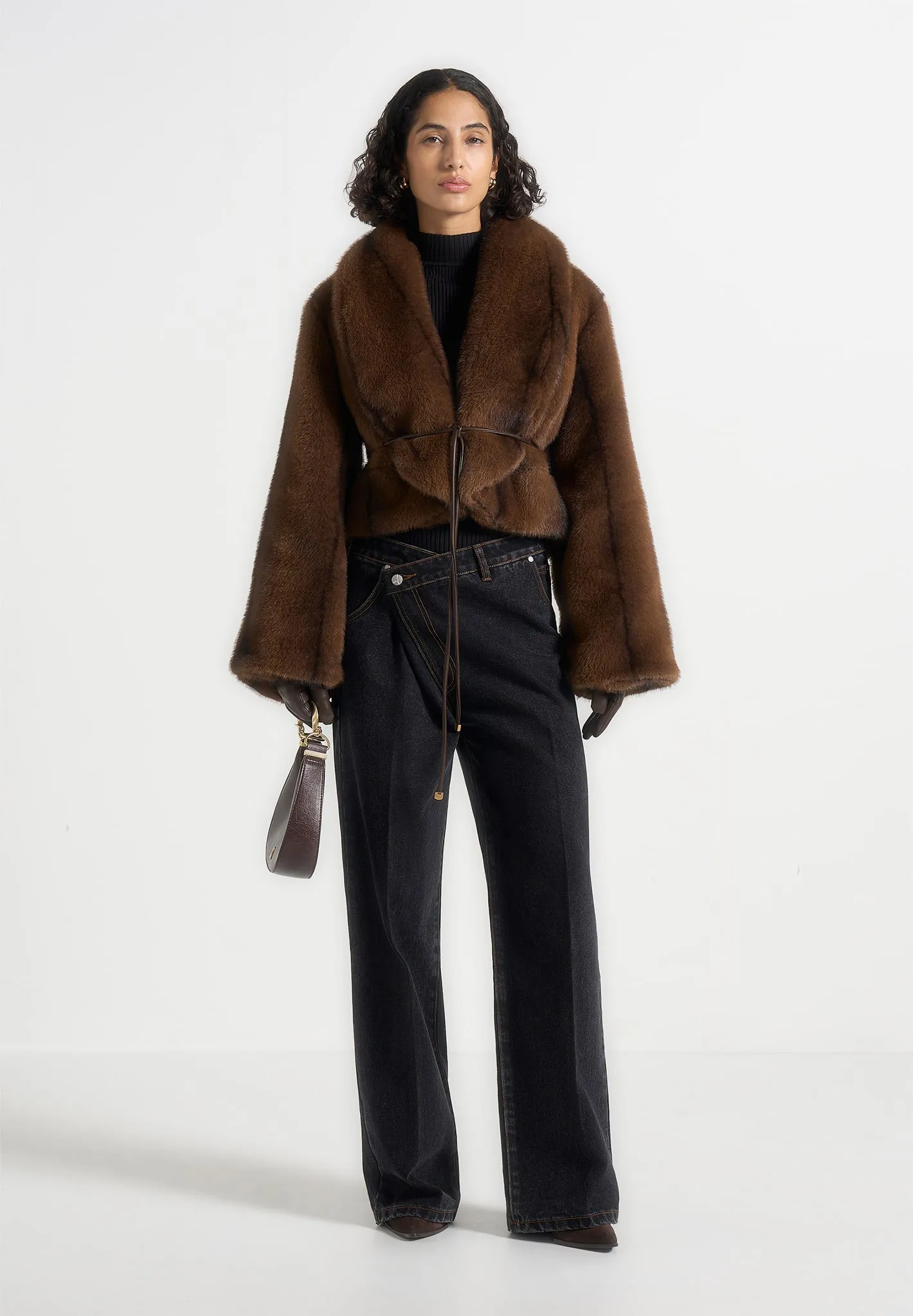Nola - Fur Shawl Jacket with Leather Belt - Brown sold by Maniere De Voir product image thumbnail 2
