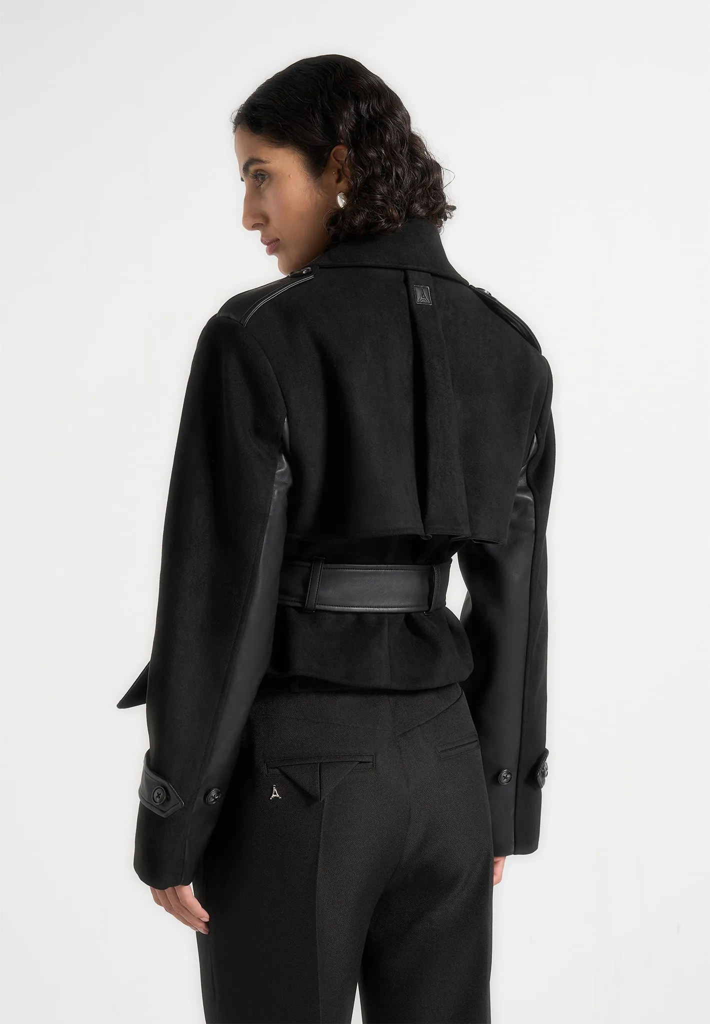 Lelia - Cropped Suede Trench Coat With Belt - Black sold by Maniere De Voir product image thumbnail 5