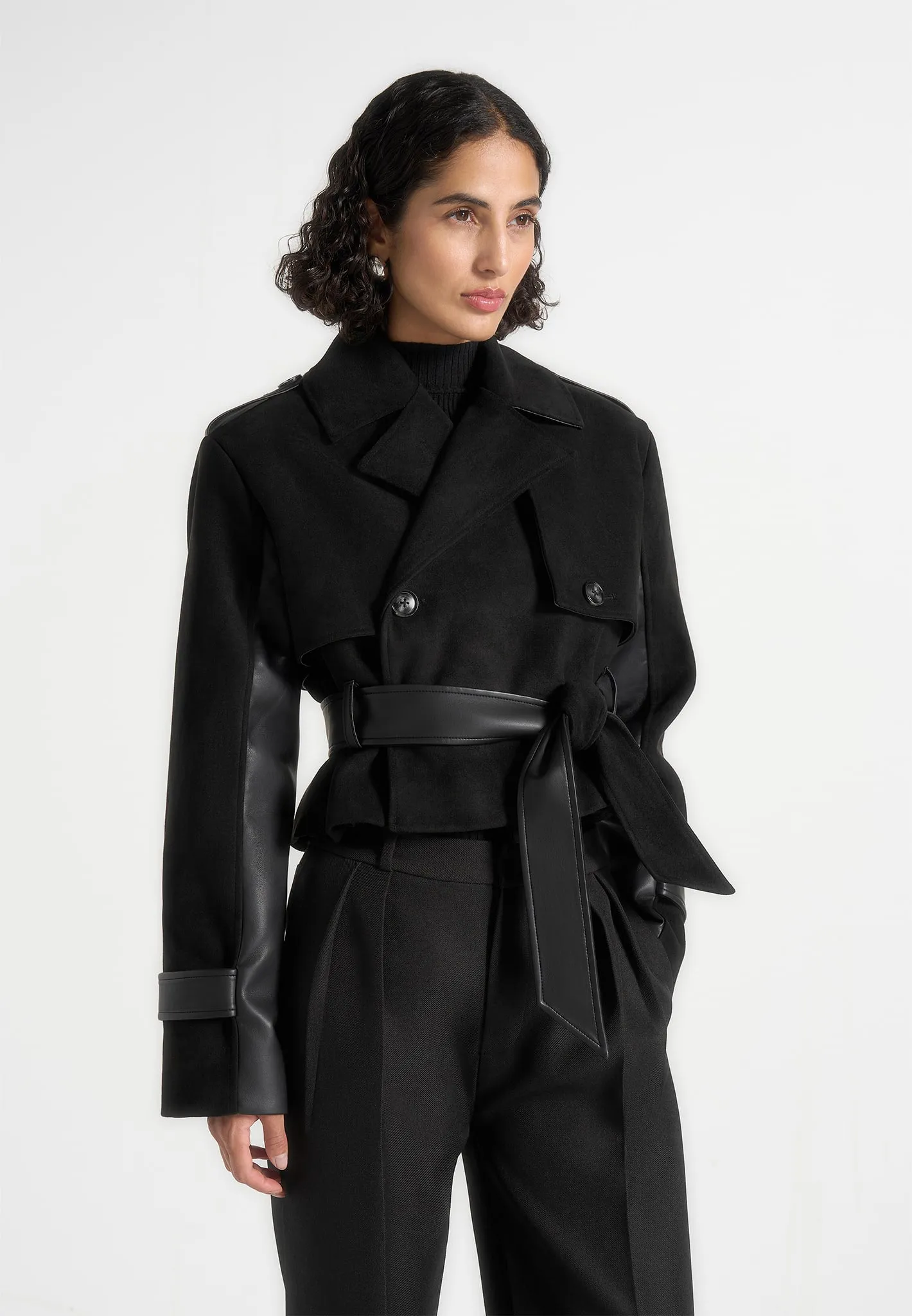Lelia - Cropped Suede Trench Coat With Belt - Black sold by Maniere De Voir