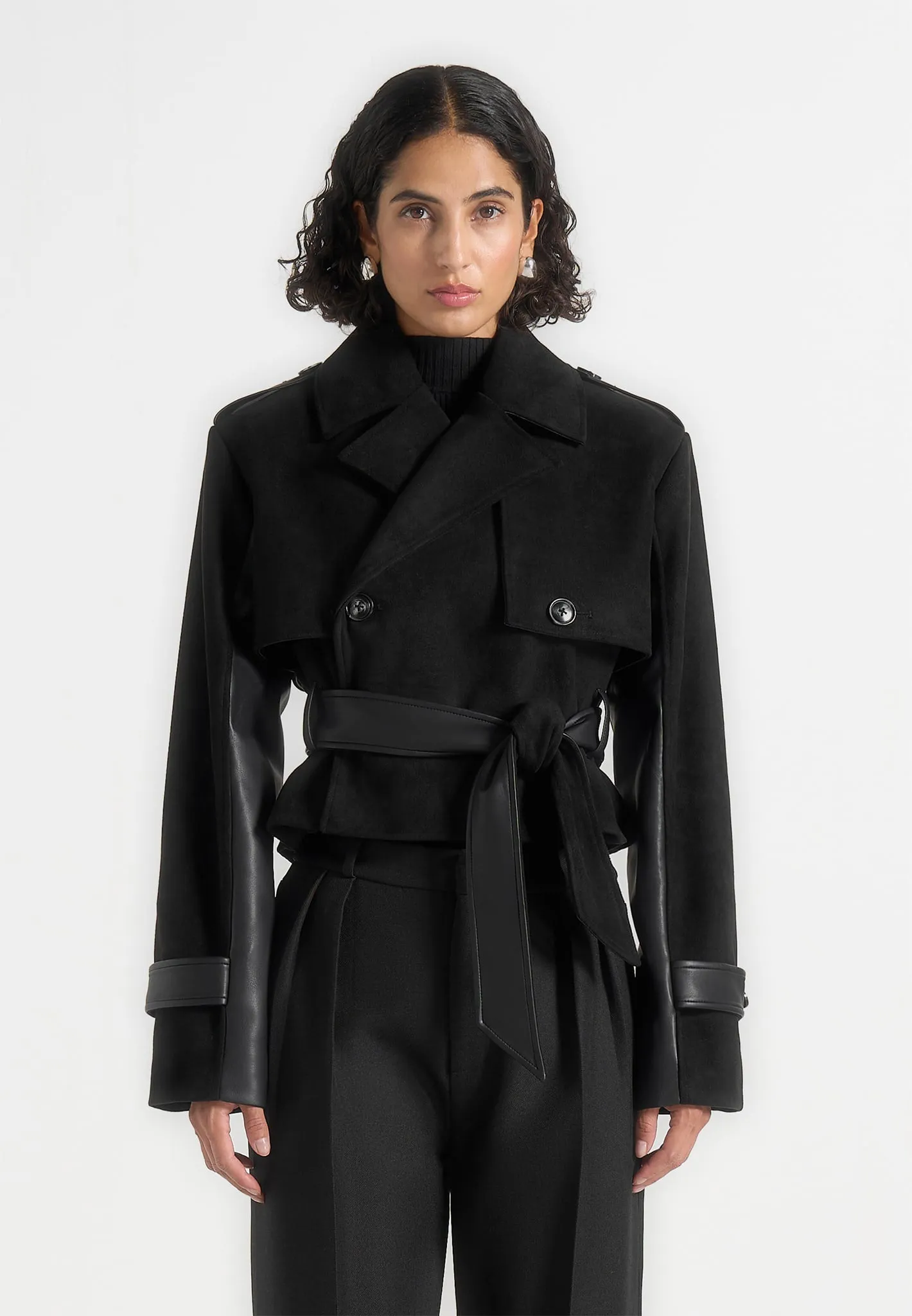 Lelia - Cropped Suede Trench Coat With Belt - Black sold by Maniere De Voir product image thumbnail 3
