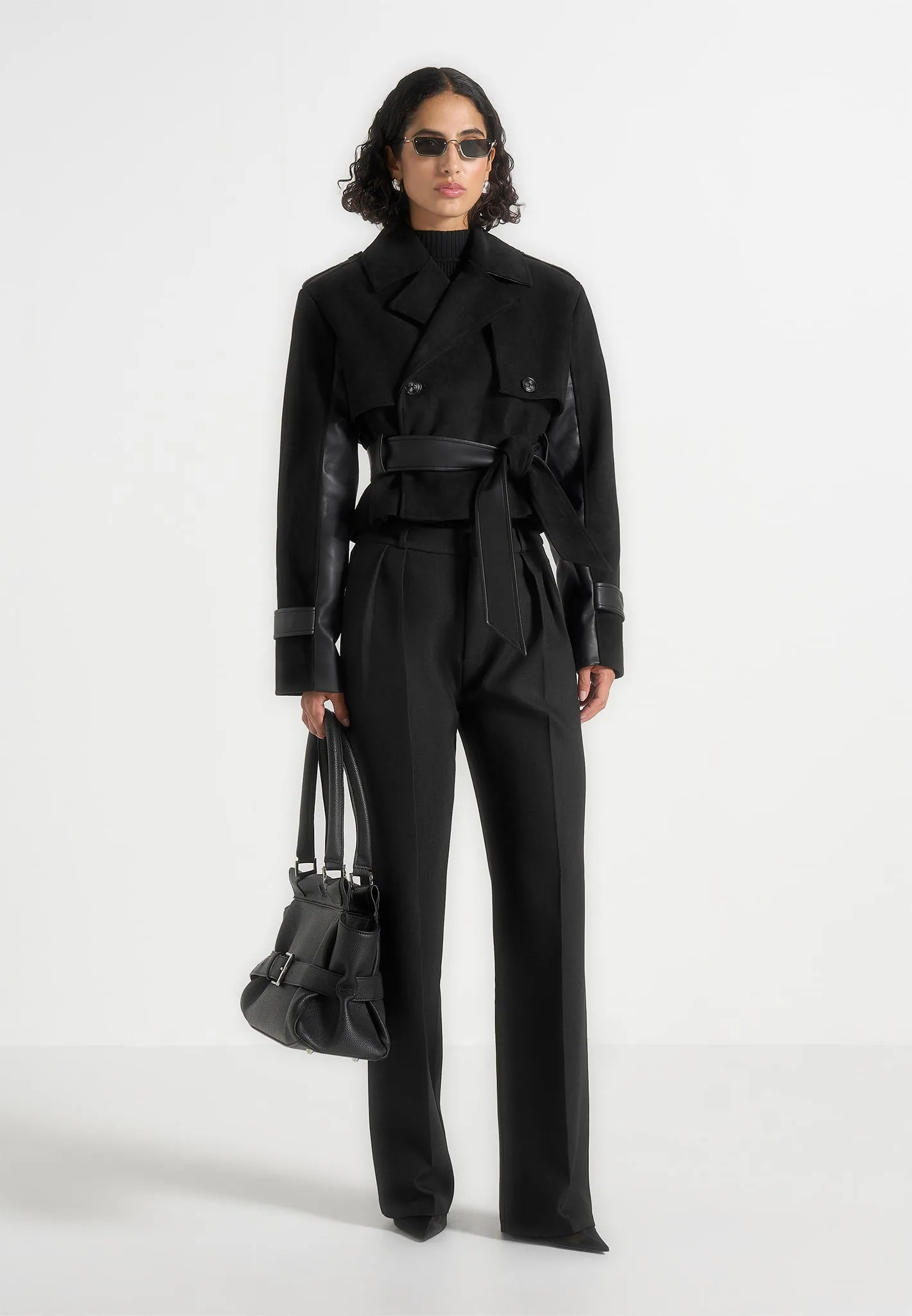 Lelia - Cropped Suede Trench Coat With Belt - Black sold by Maniere De Voir product image thumbnail 4