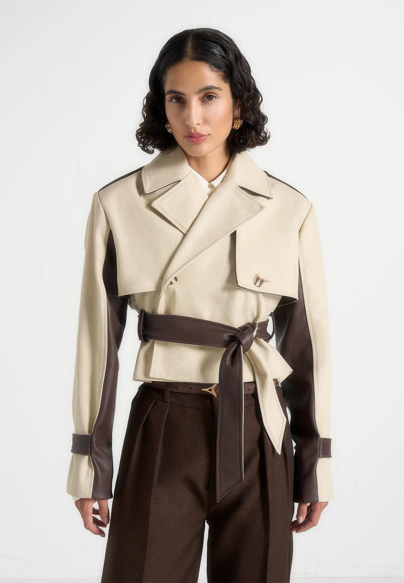 Lelia - Cropped Gabardine Trench Coat With Belt - Beige/Brown sold by Maniere De Voir