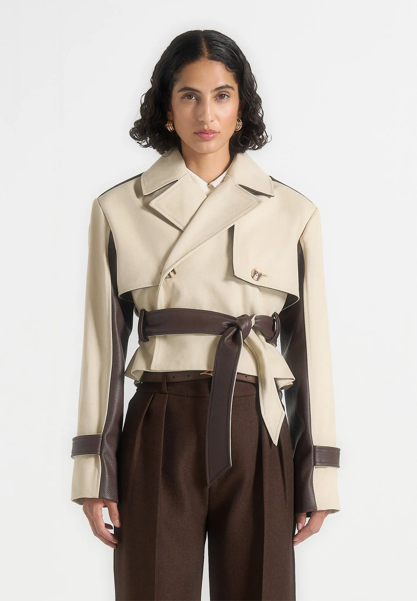 Lelia - Cropped Gabardine Trench Coat With Belt - Beige/Brown sold by Maniere De Voir product image thumbnail 3