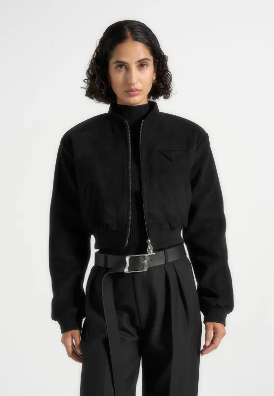 Monique - Suede Wide Shoulder Bomber Jacket - Black sold by Maniere De Voir