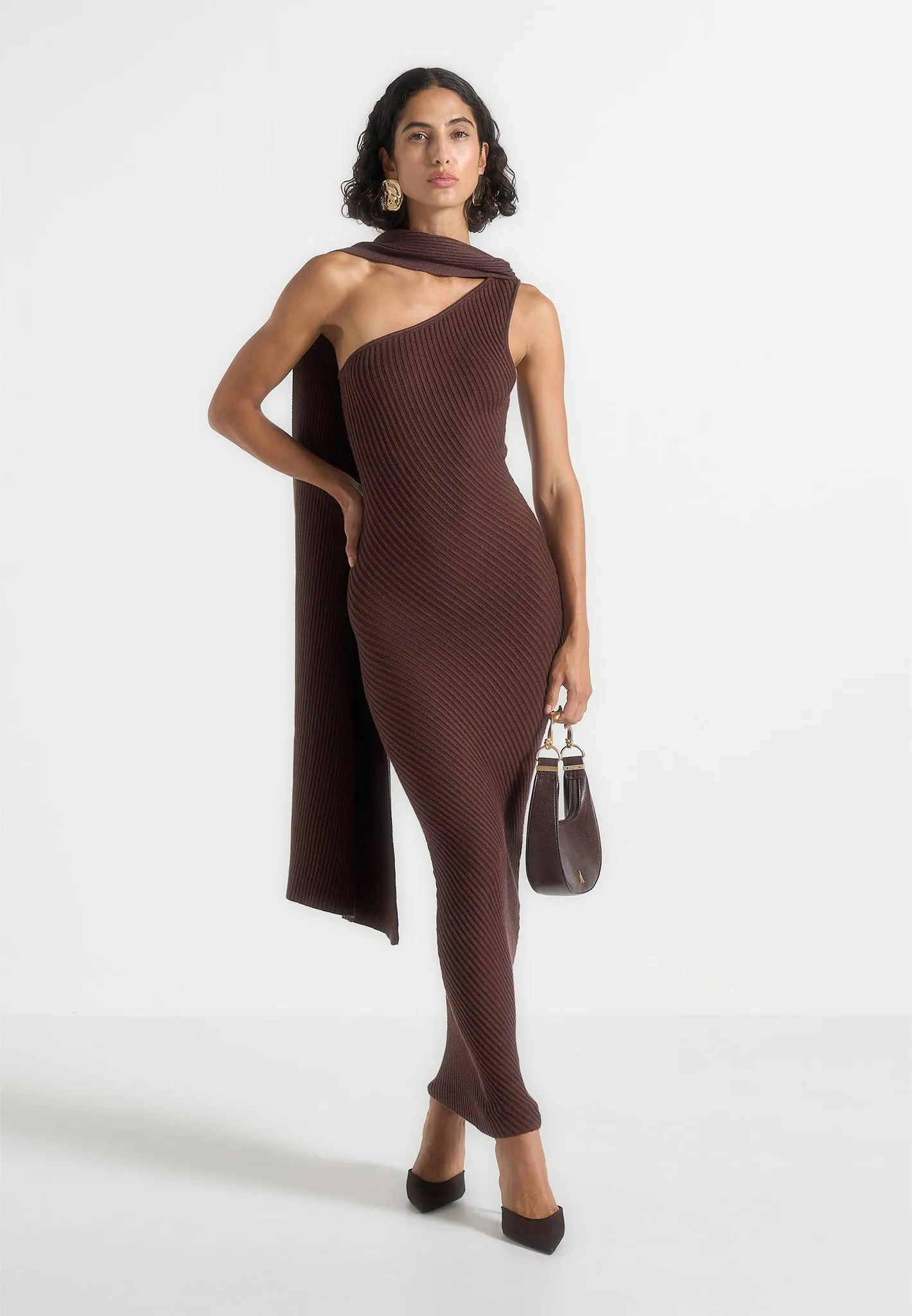 Laya - Asymmetric Knit Midaxi Dress With Scarf - Brown sold by Maniere De Voir product image thumbnail 3