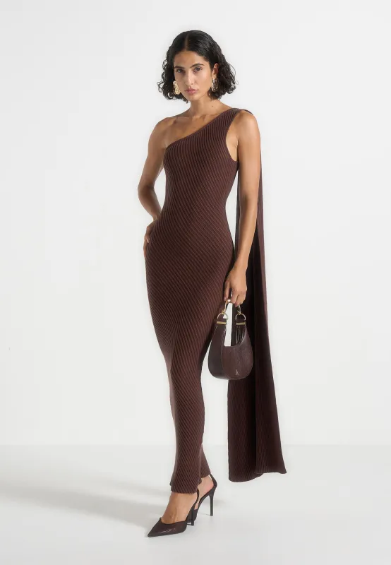 Laya - Asymmetric Knit Midaxi Dress With Scarf - Brown sold by Maniere De Voir