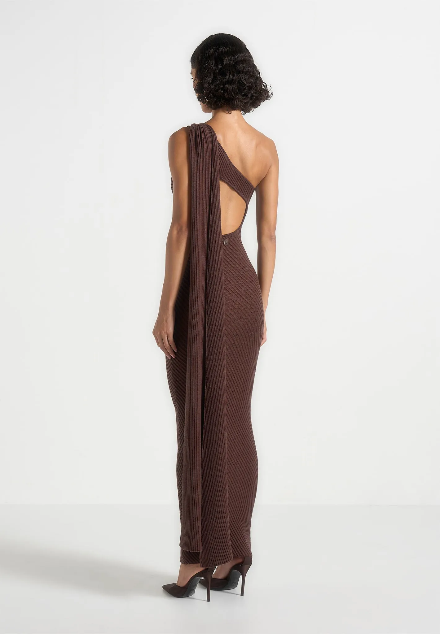 Laya - Asymmetric Knit Midaxi Dress With Scarf - Brown sold by Maniere De Voir product image thumbnail 5