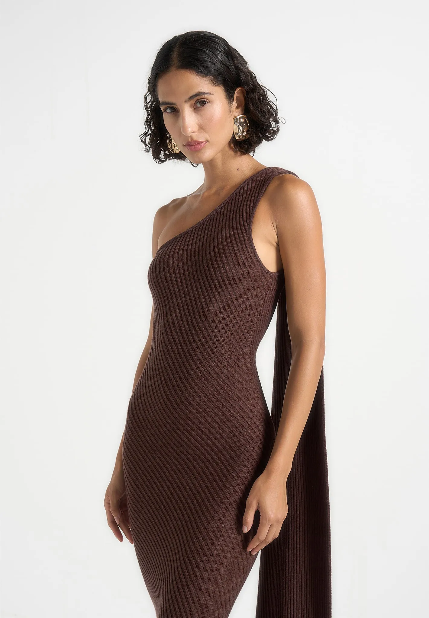 Laya - Asymmetric Knit Midaxi Dress With Scarf - Brown sold by Maniere De Voir product image thumbnail 4