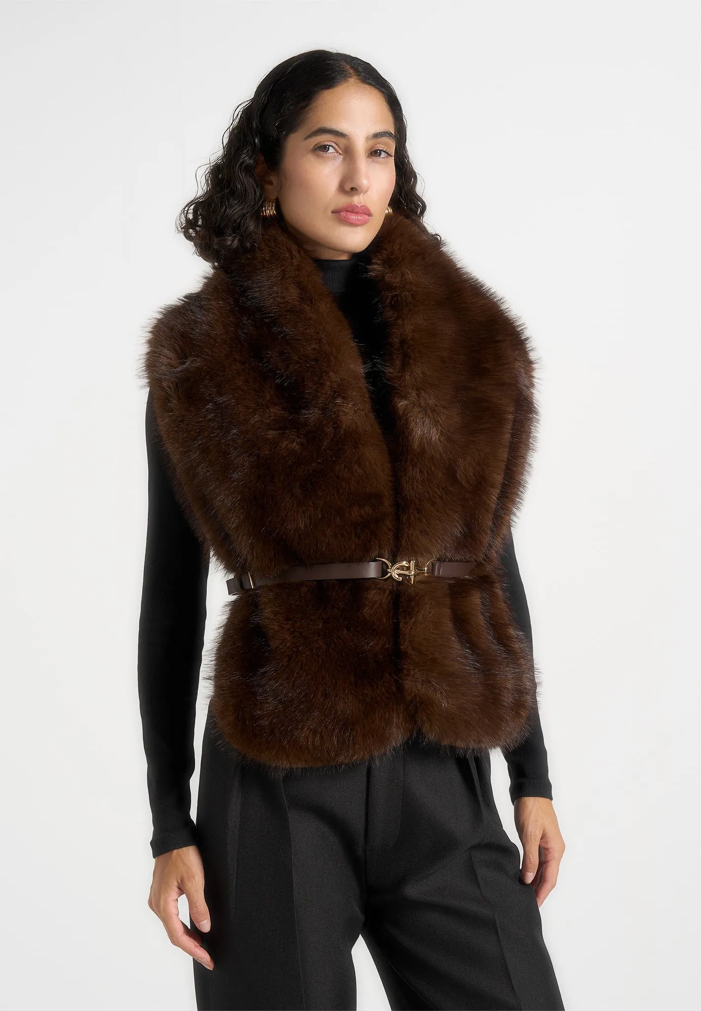 Lira - Fur Gilet With Belt - Dark Brown sold by Maniere De Voir