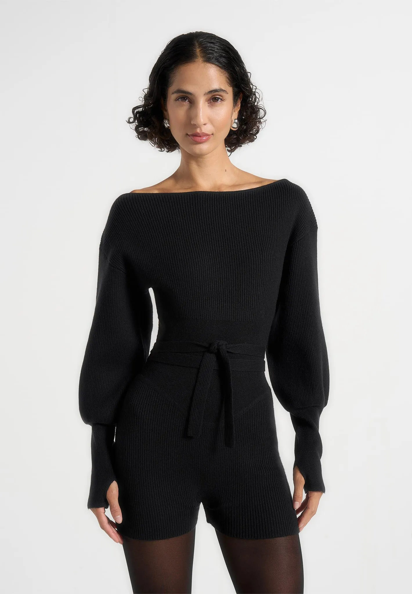 Raya - Off Shoulder Knitted Playsuit With Belt - Black sold by Maniere De Voir product image thumbnail 2