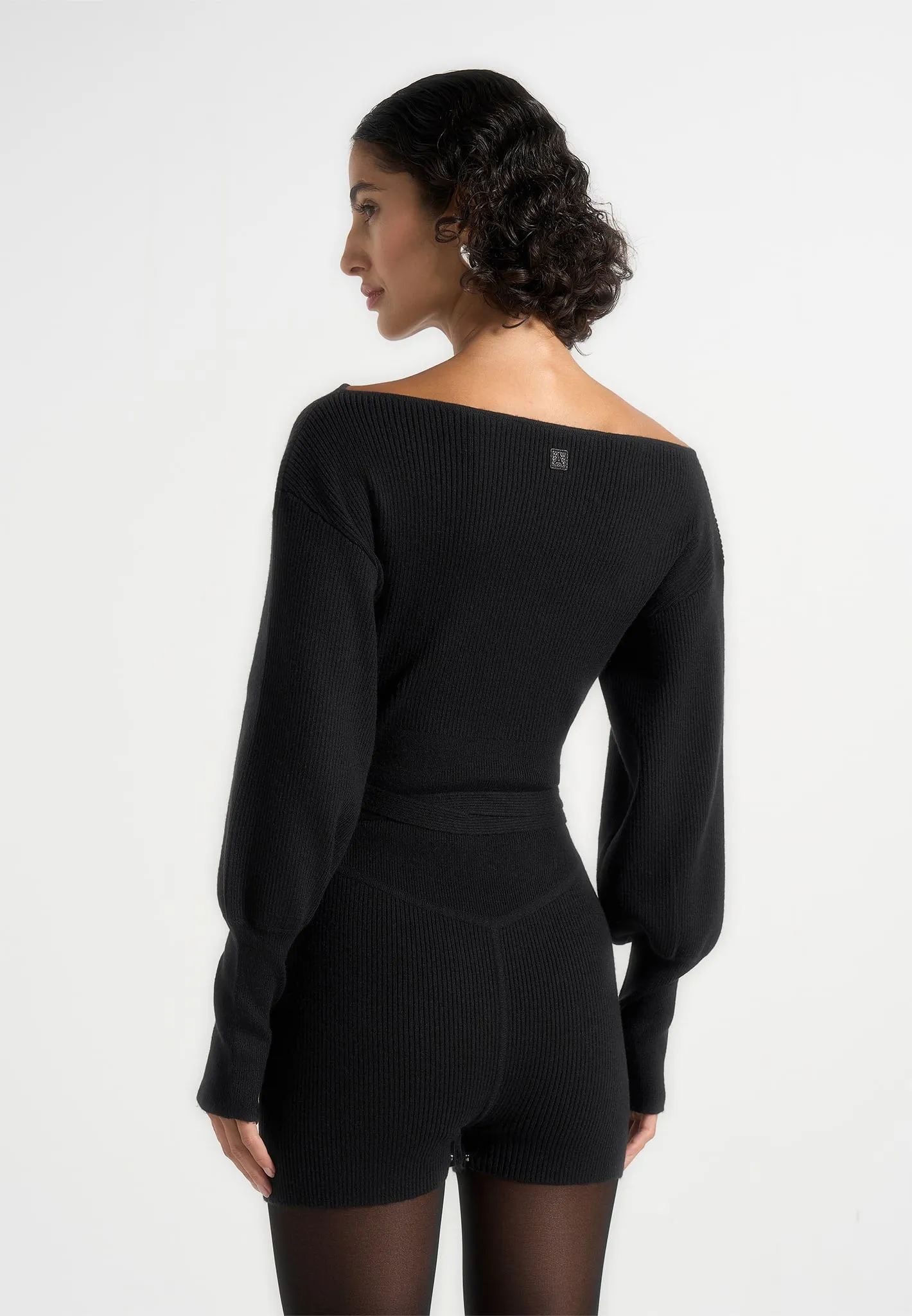 Raya - Off Shoulder Knitted Playsuit With Belt - Black sold by Maniere De Voir product image thumbnail 4