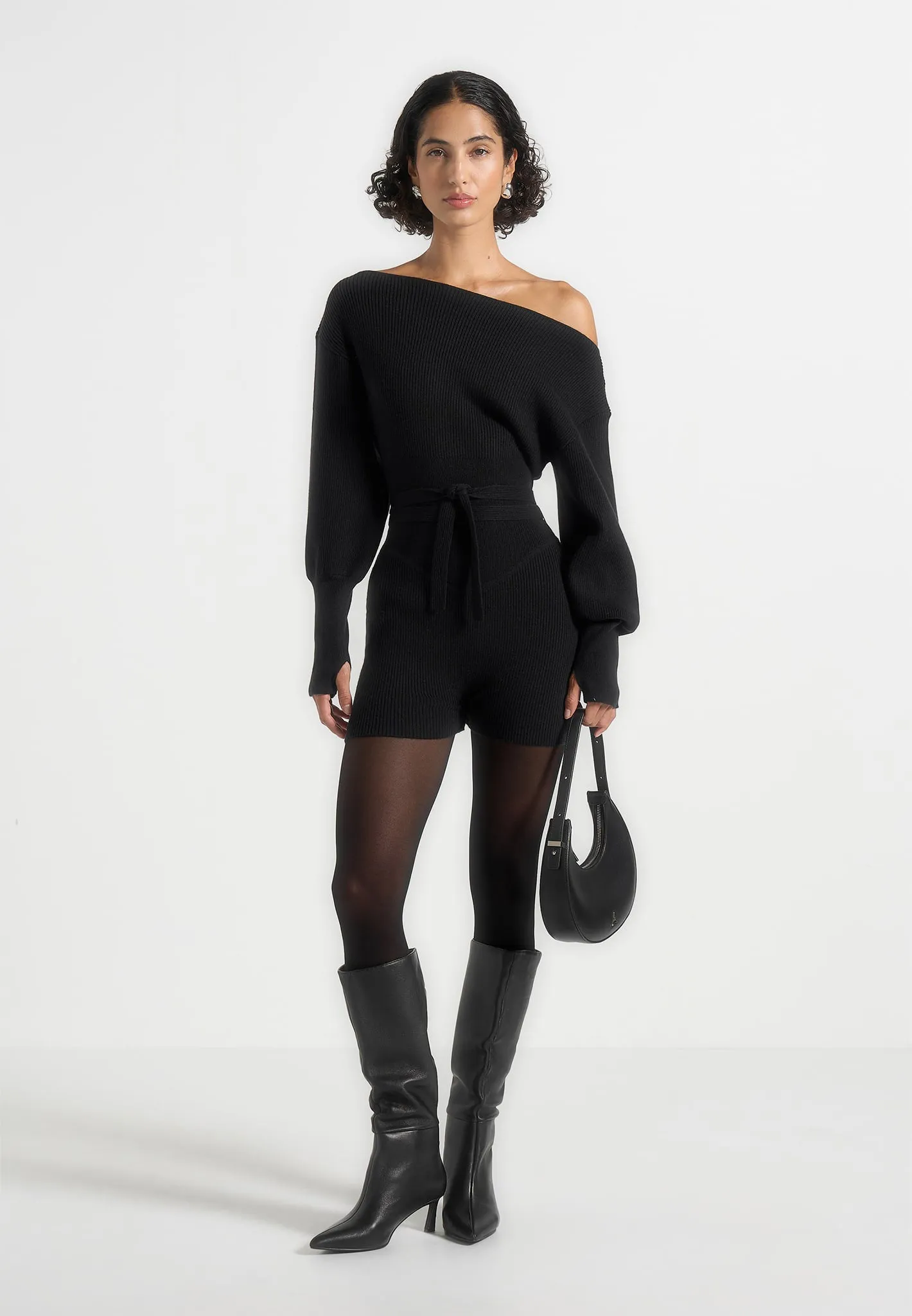Raya - Off Shoulder Knitted Playsuit With Belt - Black sold by Maniere De Voir