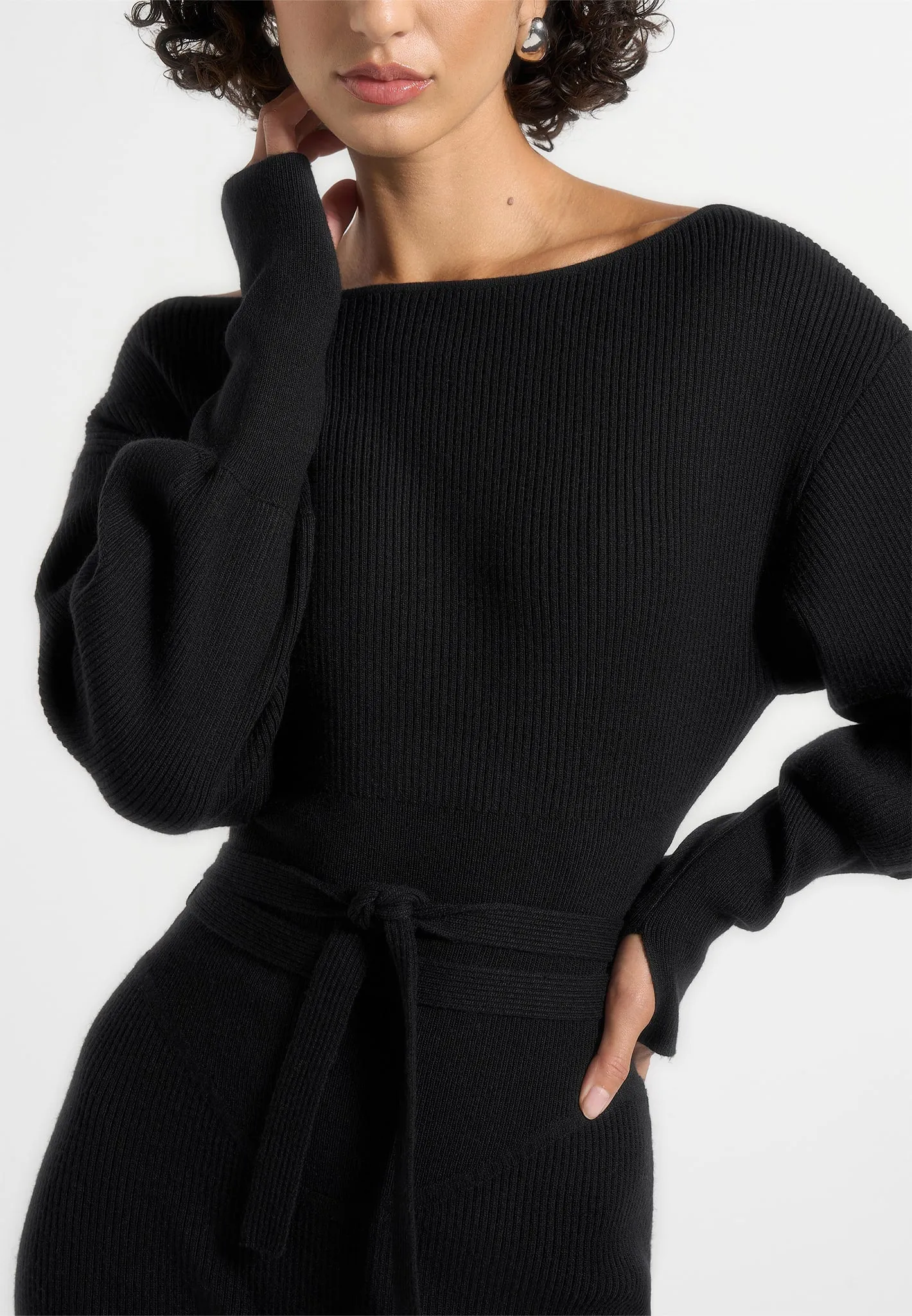 Raya - Off Shoulder Knitted Playsuit With Belt - Black sold by Maniere De Voir product image thumbnail 3