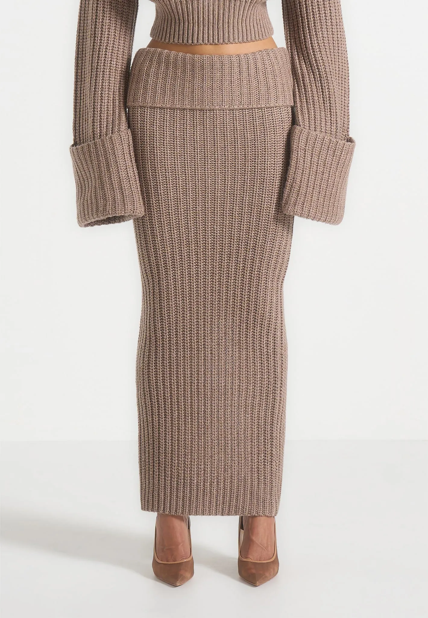 Lyra - Knit Maxi Skirt with Foldover - Taupe sold by Maniere De Voir product image thumbnail 3