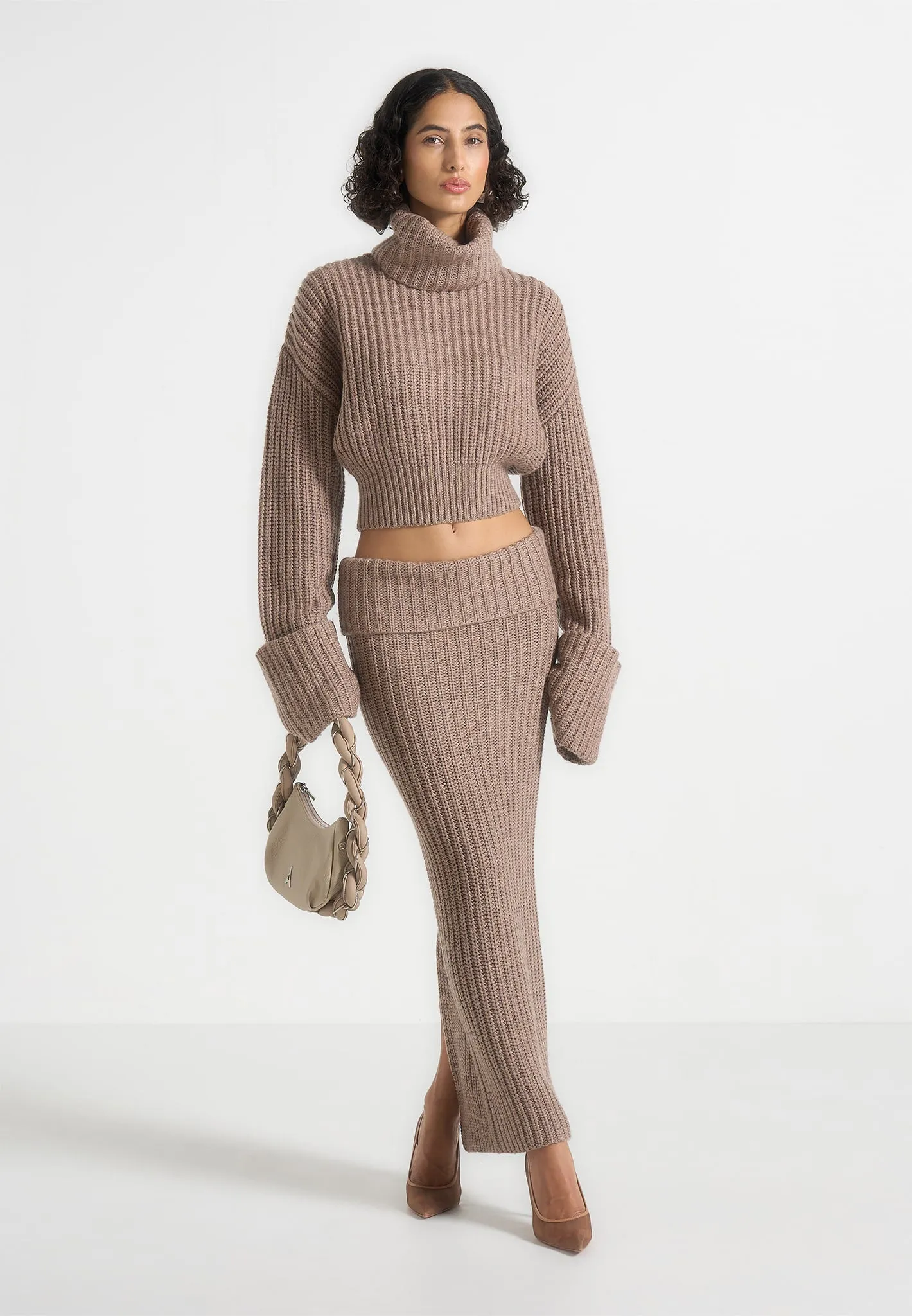 Lyra - Knit Maxi Skirt with Foldover - Taupe sold by Maniere De Voir