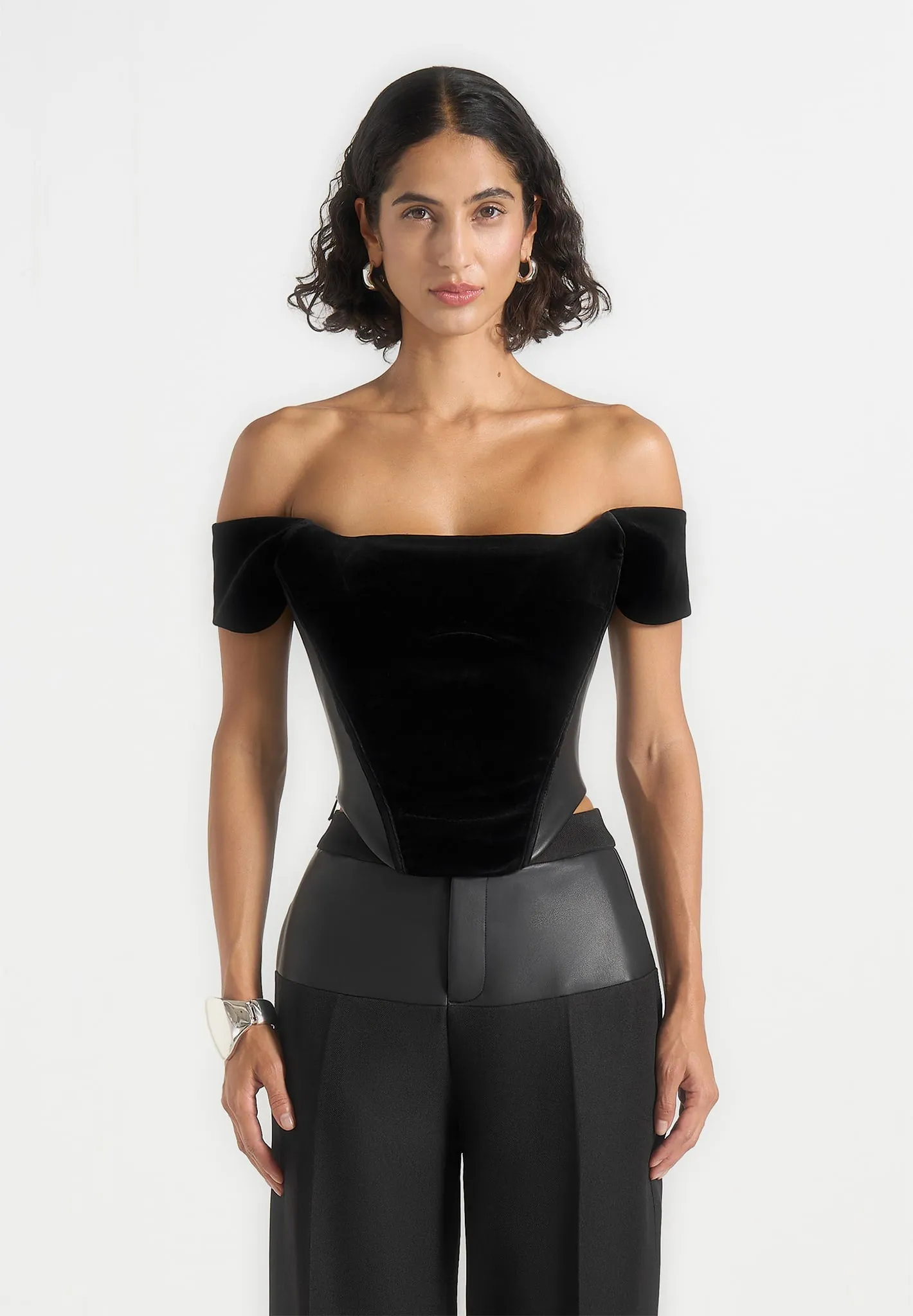 Fae - Velvet & Leather Bardot Corset Top - Black sold by Maniere De Voir product image thumbnail 3