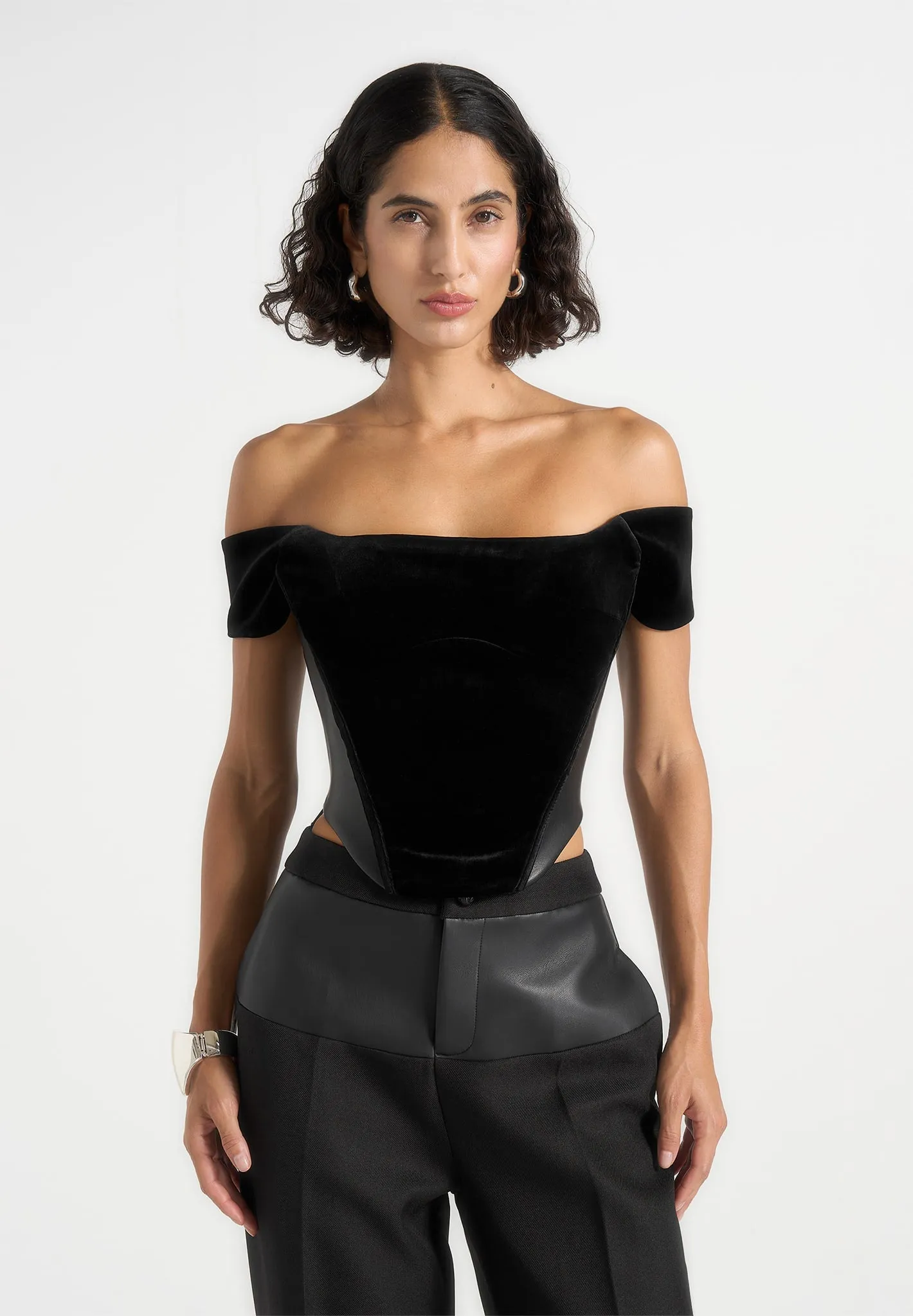 Fae - Velvet & Leather Bardot Corset Top - Black sold by Maniere De Voir