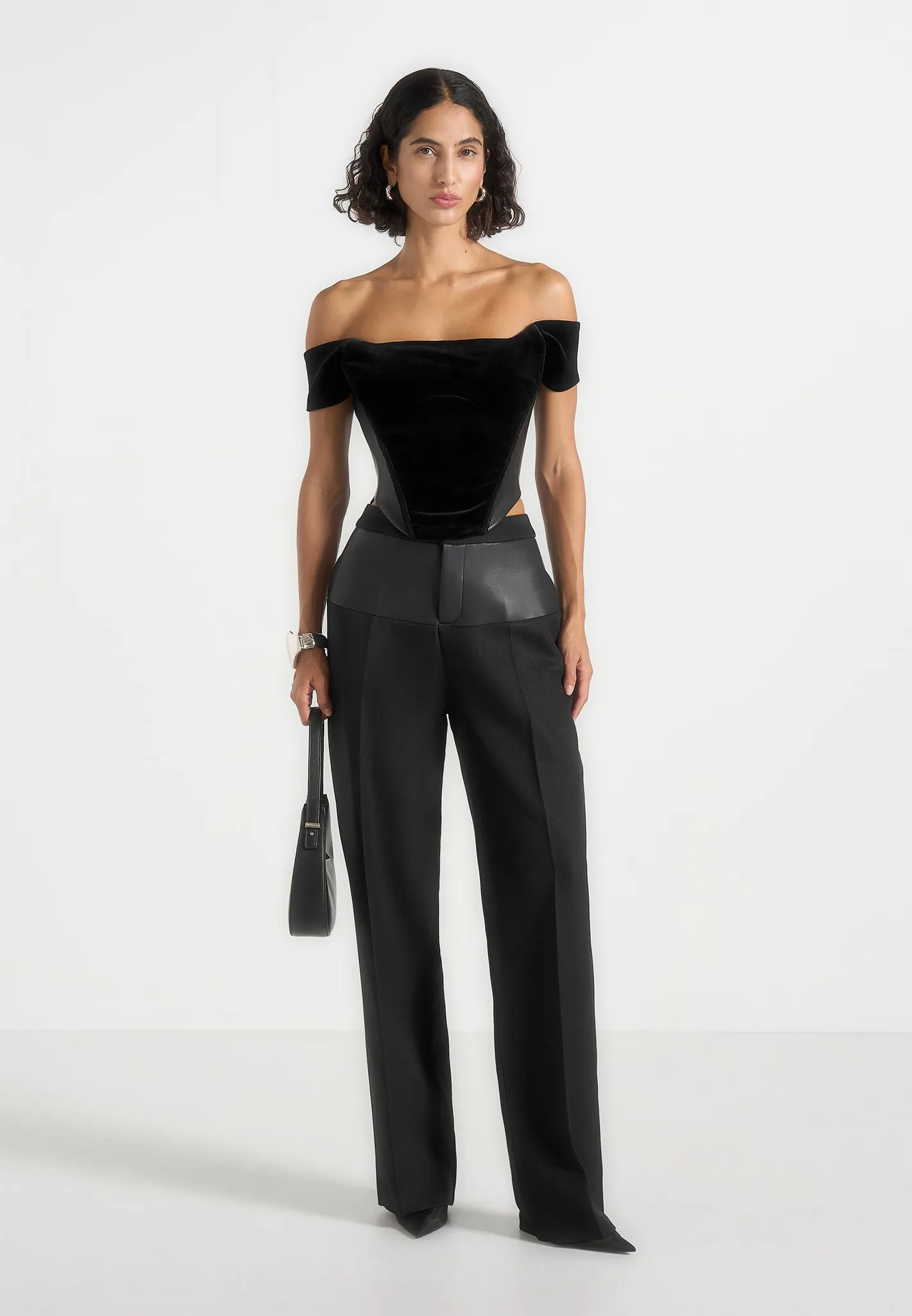 Fae - Velvet & Leather Bardot Corset Top - Black sold by Maniere De Voir product image thumbnail 2