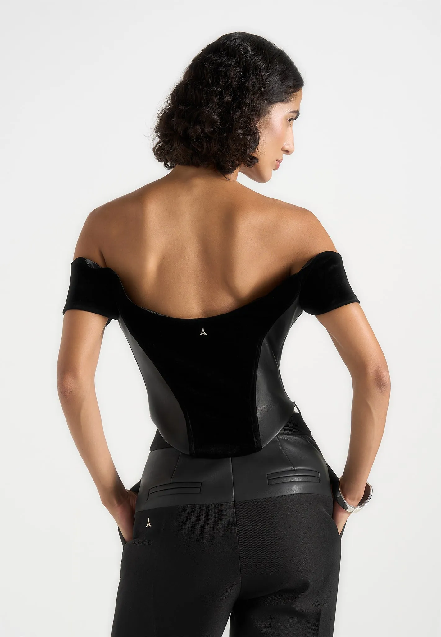 Fae - Velvet & Leather Bardot Corset Top - Black sold by Maniere De Voir product image thumbnail 4