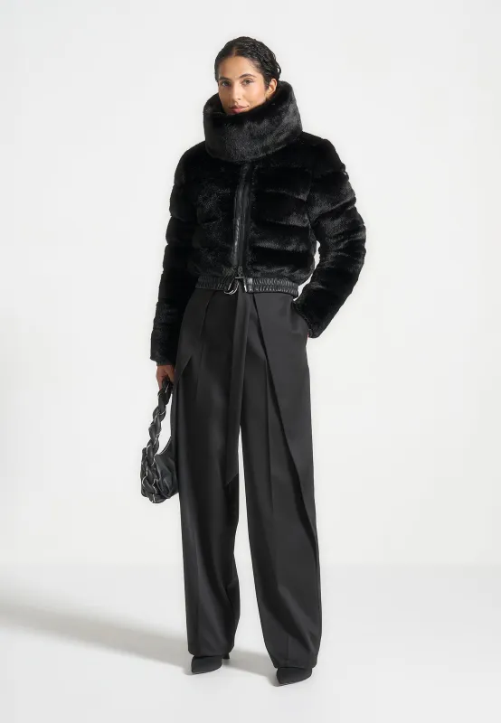 Ama - Plush Ribbed Jacket with Neck Scarf - Black sold by Maniere De Voir