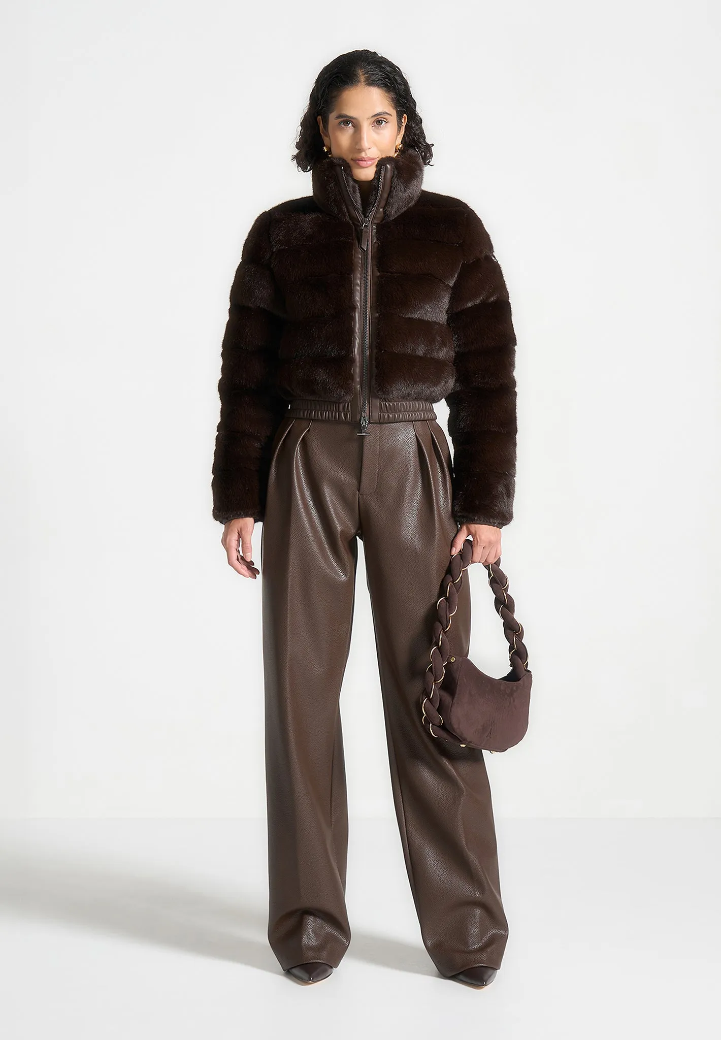 Ama - Plush Ribbed Jacket with Neck Scarf - Brown sold by Maniere De Voir