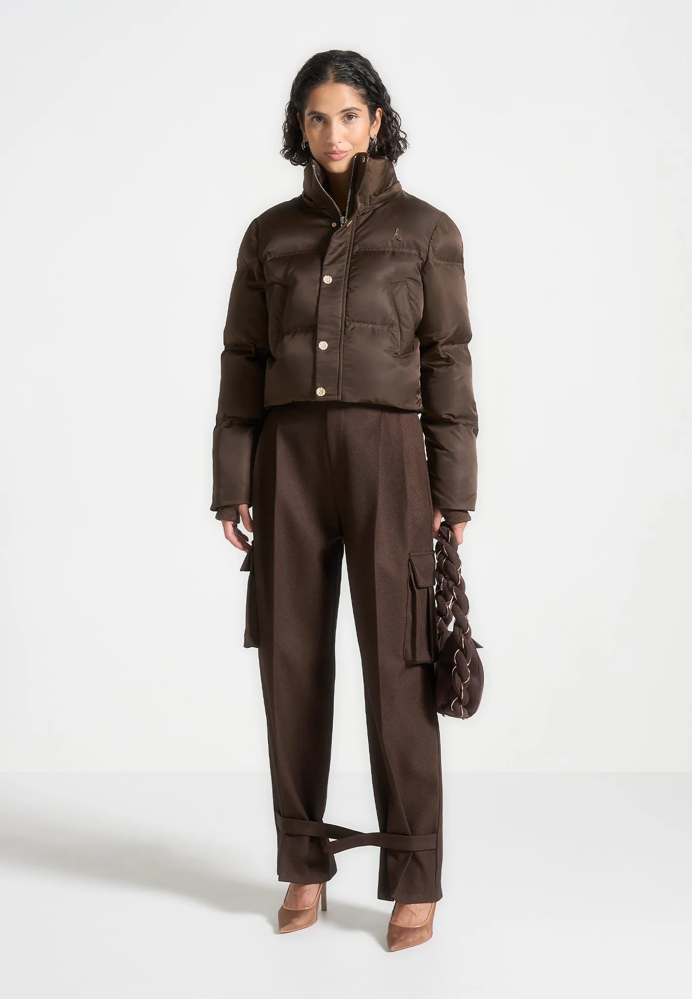 Maeva - Nylon Eiffel Cropped Puffer Jacket - Brown sold by Maniere De Voir