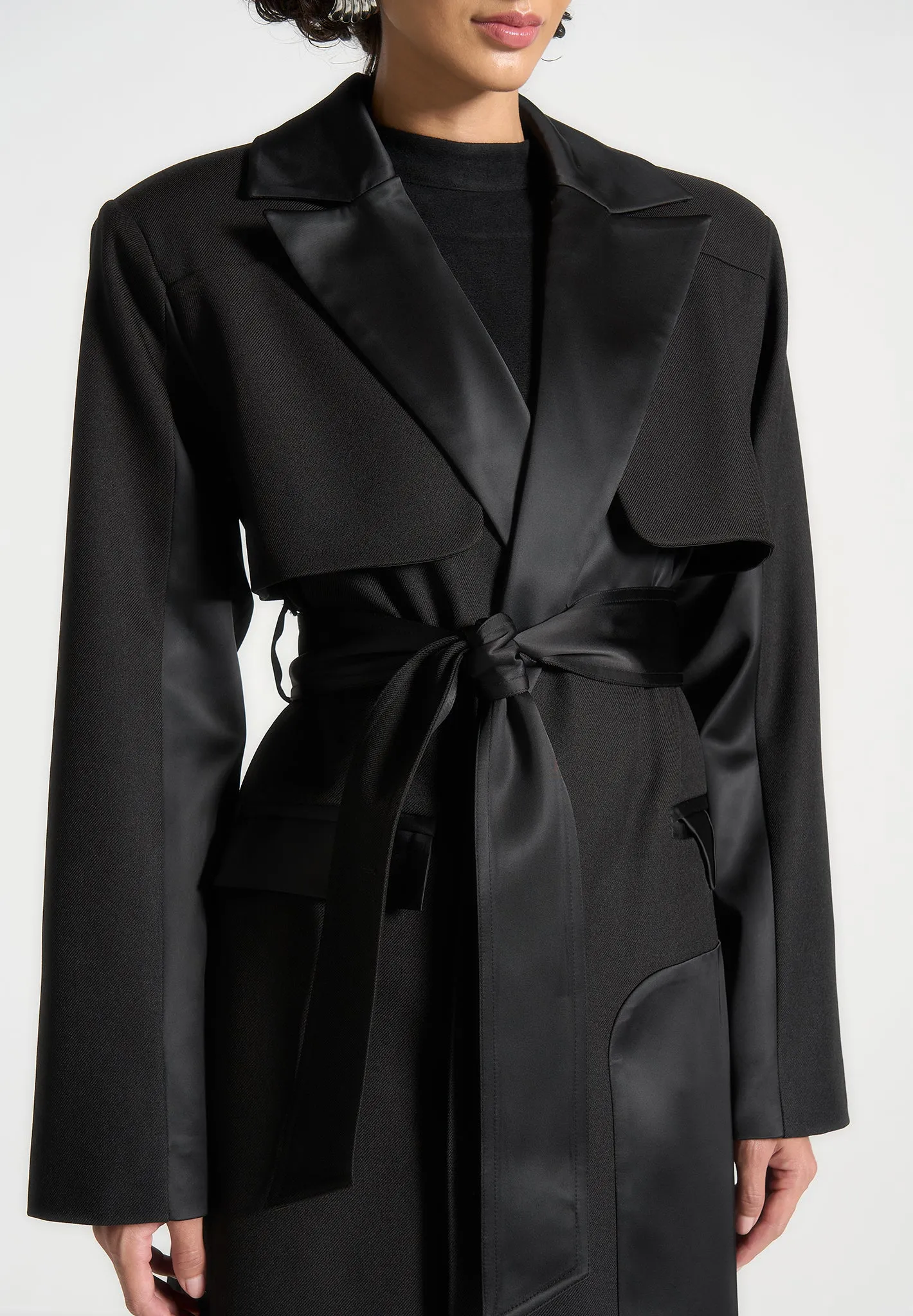 Ilona - Tailored Satin Trench Coat - Black sold by Maniere De Voir product image thumbnail 2