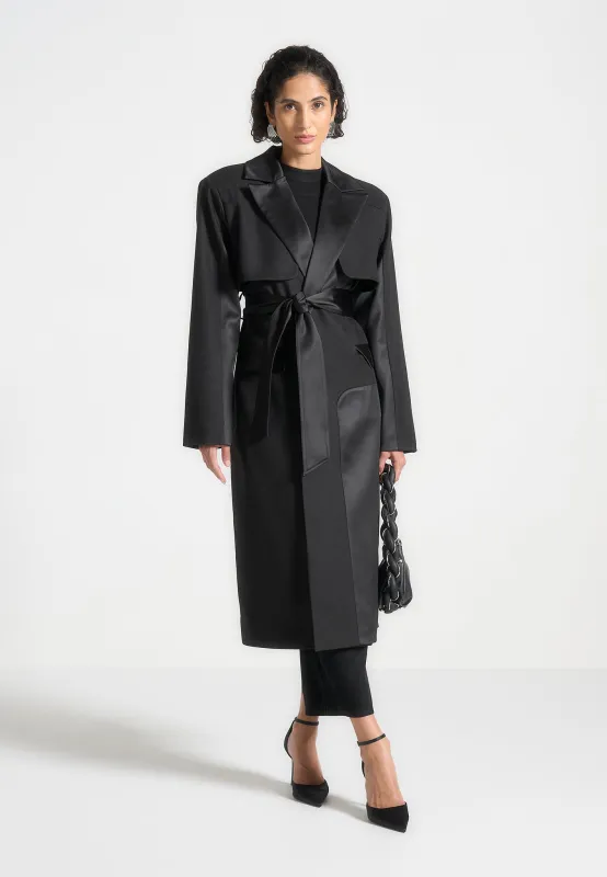Ilona - Tailored Satin Trench Coat - Black sold by Maniere De Voir