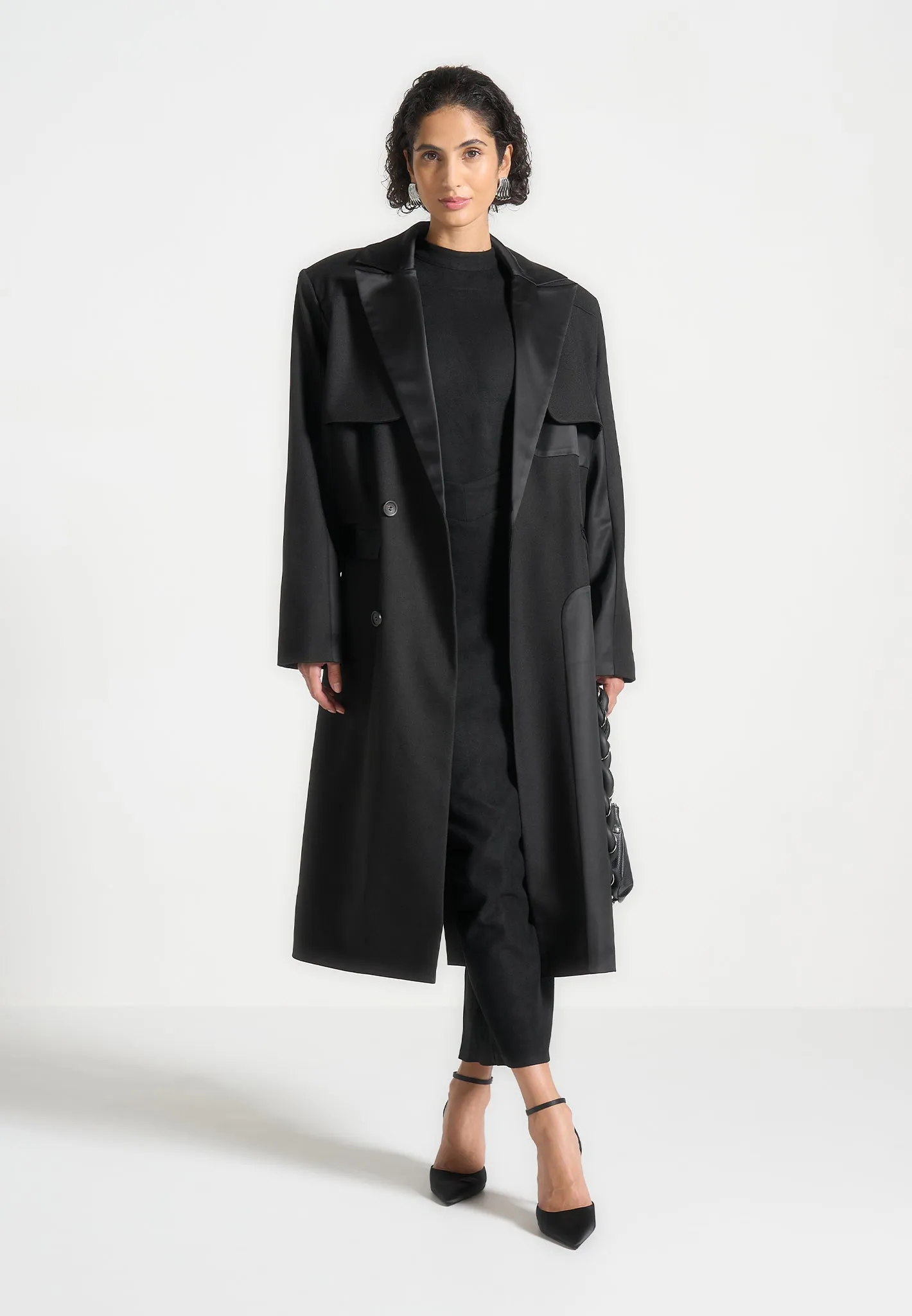 Ilona - Tailored Satin Trench Coat - Black sold by Maniere De Voir product image thumbnail 3