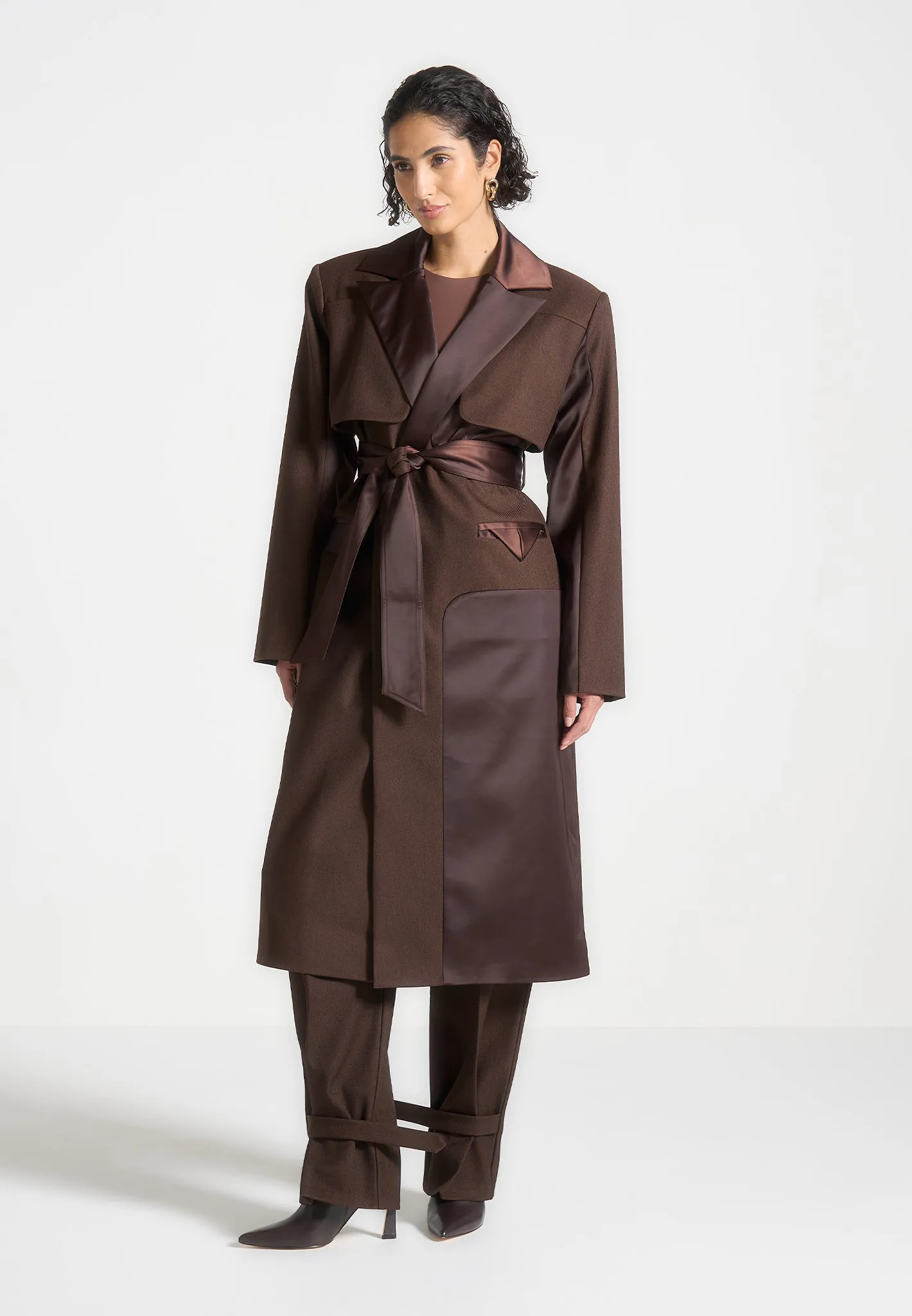 Ilona - Tailored Satin Trench Coat - Brown sold by Maniere De Voir