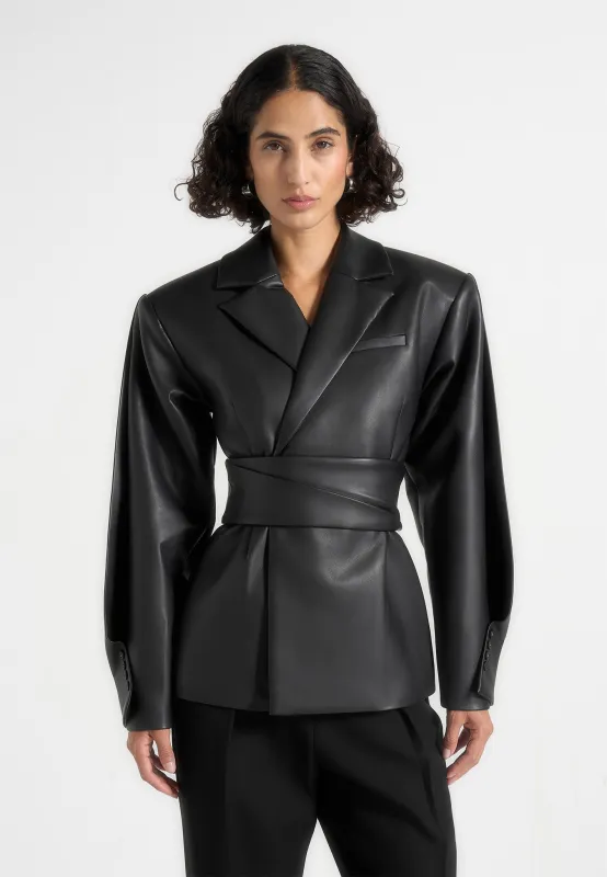 Marie - Twist Sleeve Leather Blazer with Belt - Black sold by Maniere De Voir