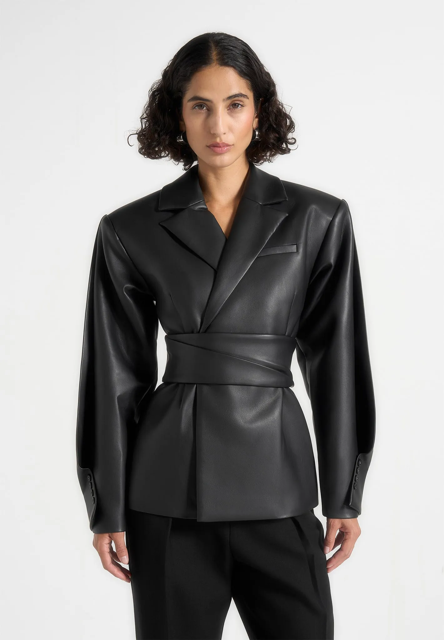 Marie - Twist Sleeve Leather Blazer with Belt - Black sold by Maniere De Voir