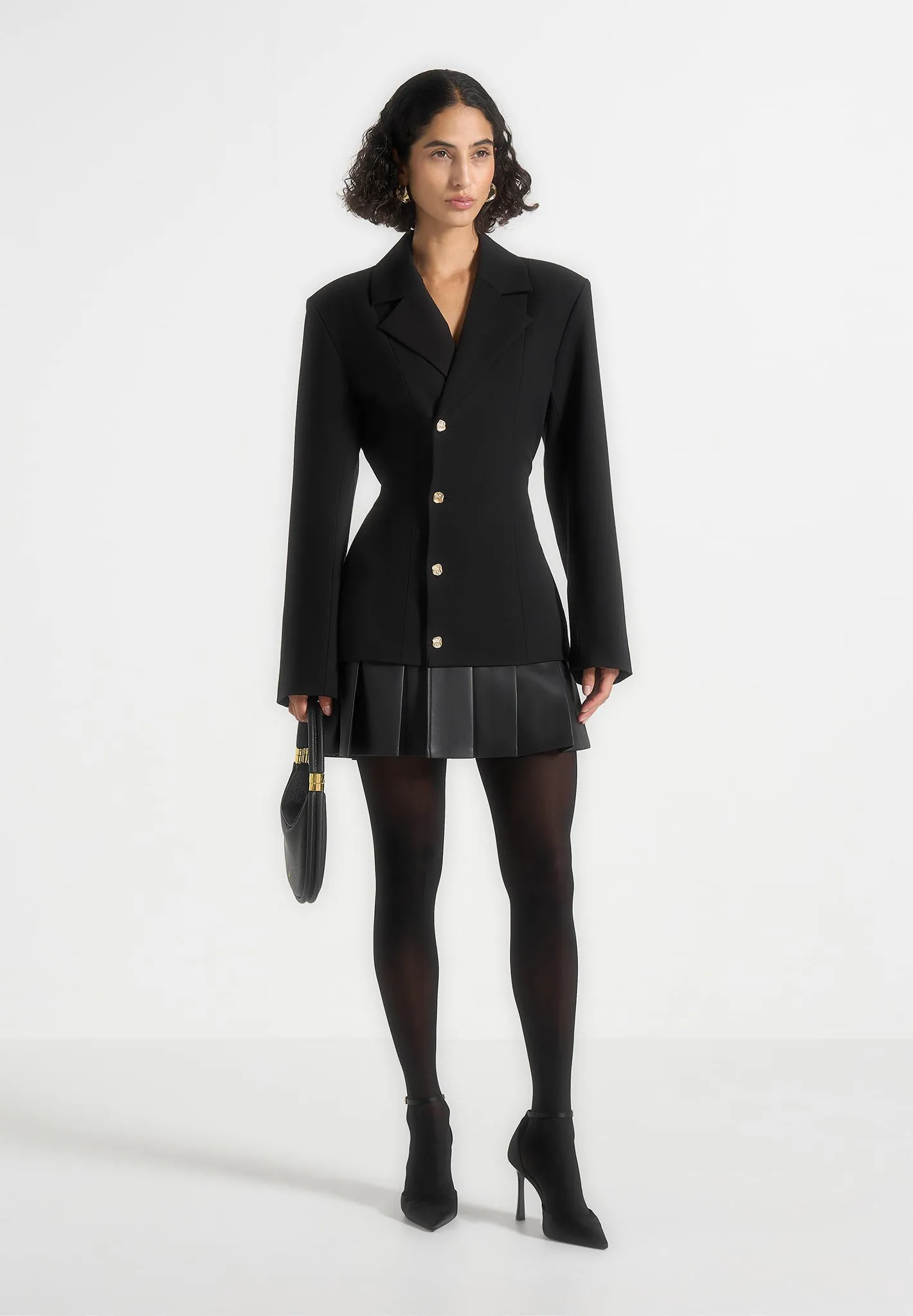 Nicole - Tailored Cinch Blazer Dress with Pleats - Black sold by Maniere De Voir